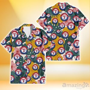 Texas Rangers Yellow Hibiscus Green Banana Leaf Pink Porcelain Flower 3D Hawaiian Shirt Gift For Fans Product Photo 1