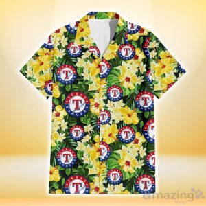 Texas Rangers Yellow Hibiscus Tropical Green Leaf Black Background 3D Hawaiian Shirt Gift For Fans Product Photo 2