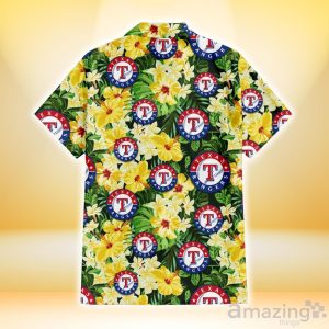 Texas Rangers Yellow Hibiscus Tropical Green Leaf Black Background 3D Hawaiian Shirt Gift For Fans Product Photo 3