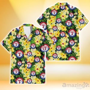 Texas Rangers Yellow Hibiscus Tropical Green Leaf Black Background 3D Hawaiian Shirt Gift For Fans Product Photo 1