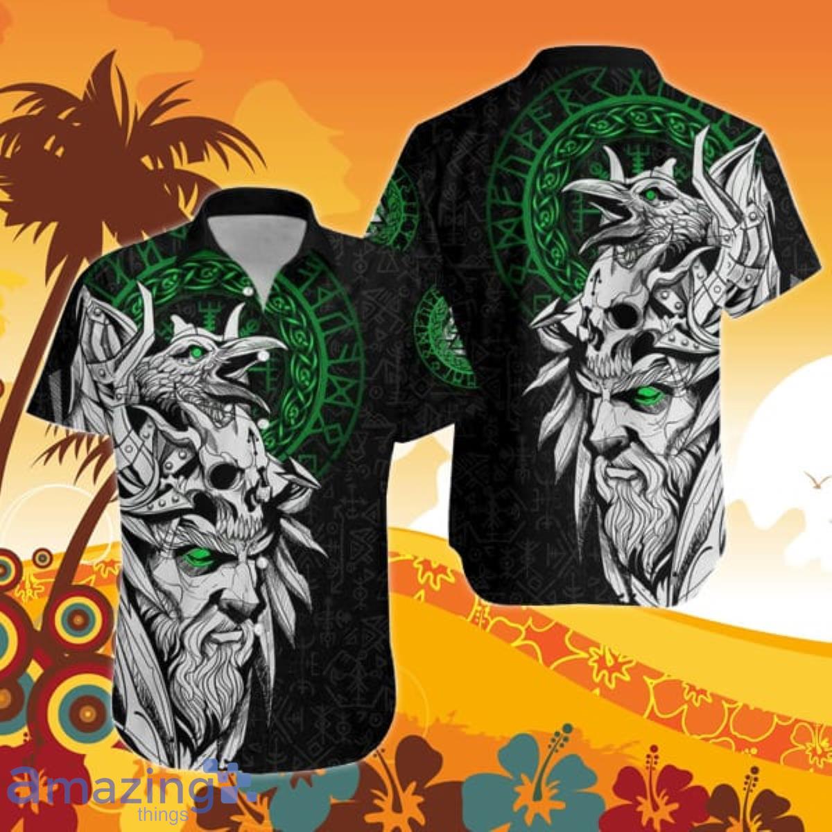 Viking Odin And Raven Green Hawaiian Shirt For Men And Women Product Photo 1
