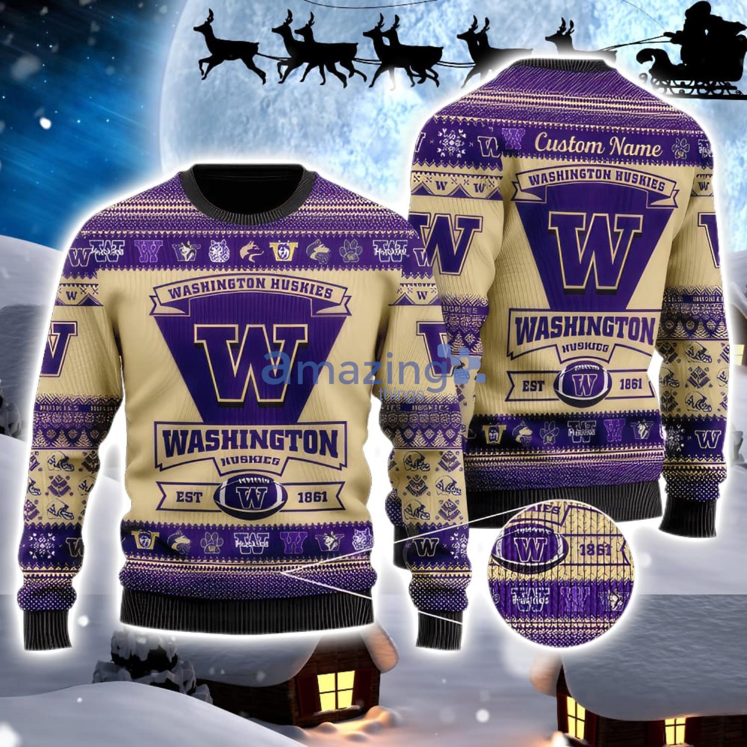 Washington Huskies Logo Custom Name For Football Fans Ugly Christmas Sweater Christmas Gift Product Photo 1