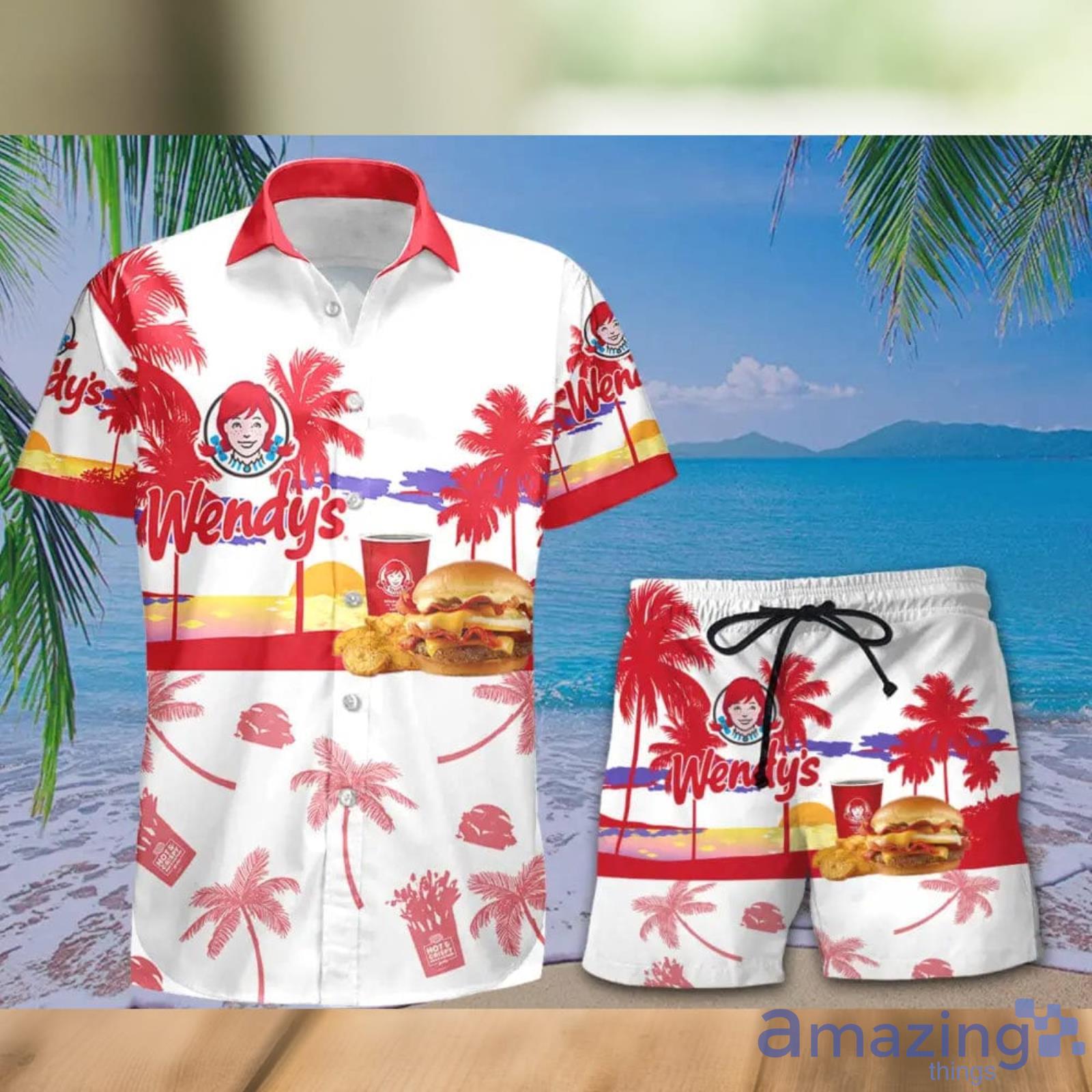 Wendy's Tropical Palm Tree Hawaiian Shirt And Shorts For Beach Lovers Product Photo 1