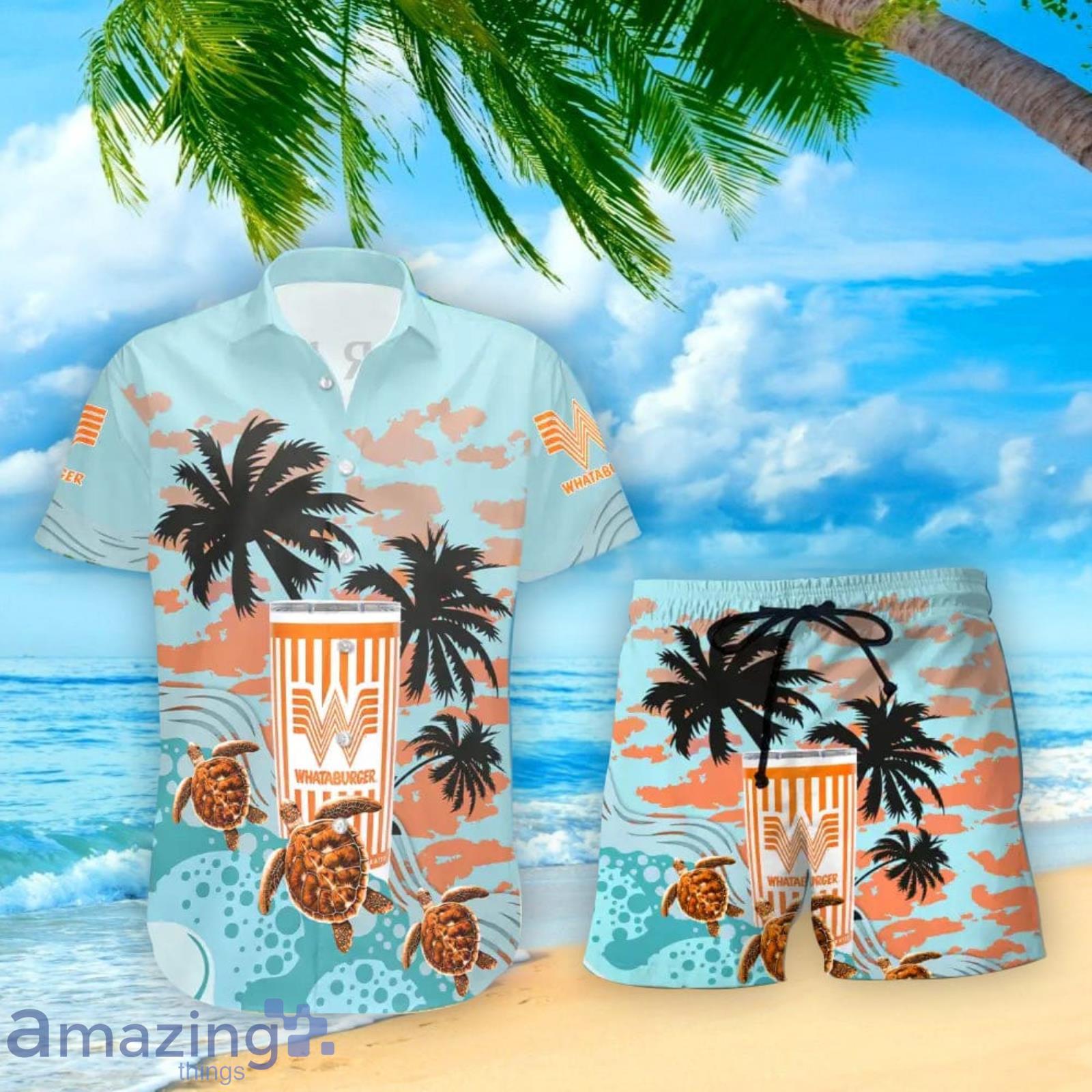 Whataburger Turtles Palm Tree Hawaiian Shirt And Shorts Custom Name Special Summer Gift image Whataburger Turtles Palm Tree Hawaiian Shirt And Shorts Custom Name Special Summer Gift Product Photo 2