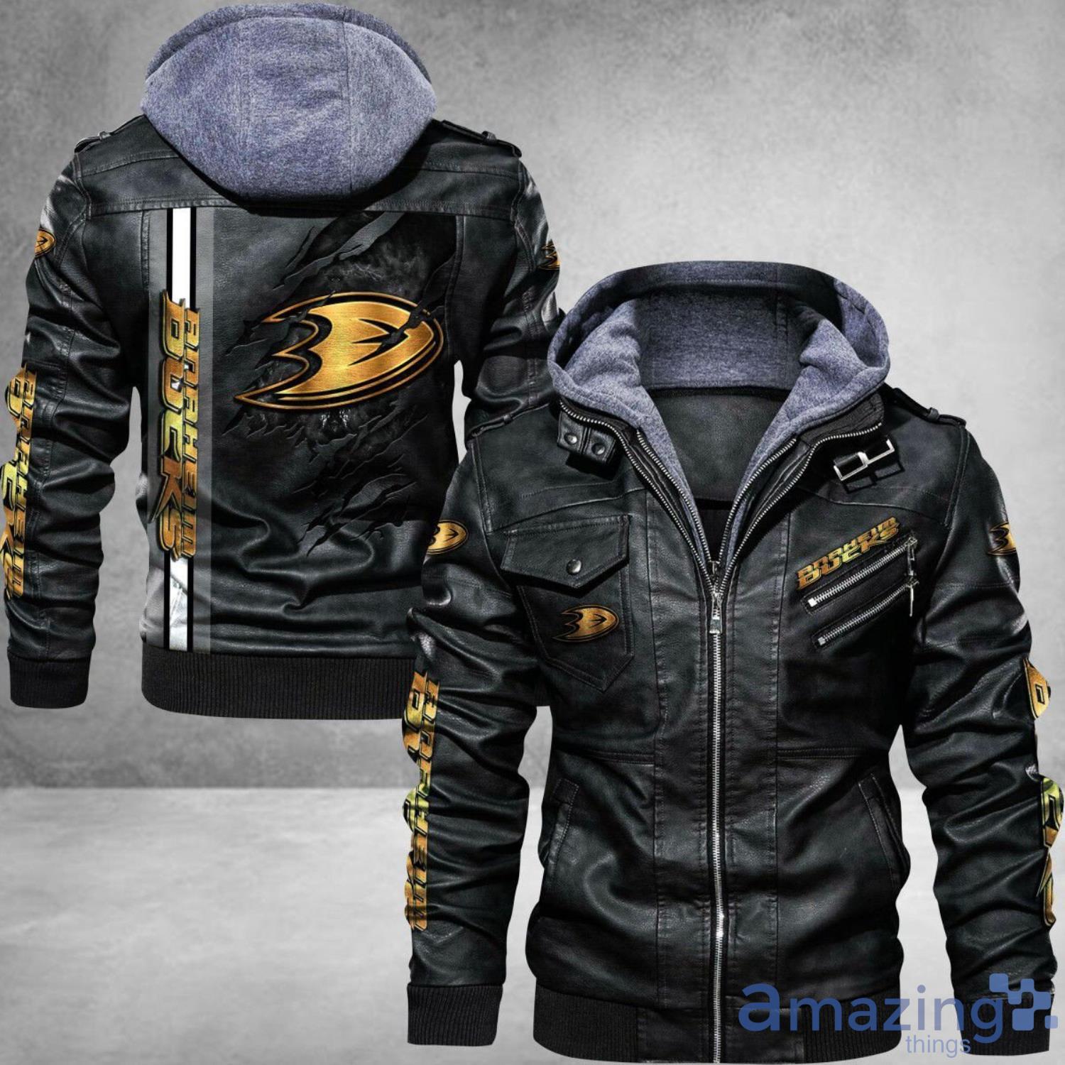 Anaheim Ducks Striped Style Leather Jacket For Fans