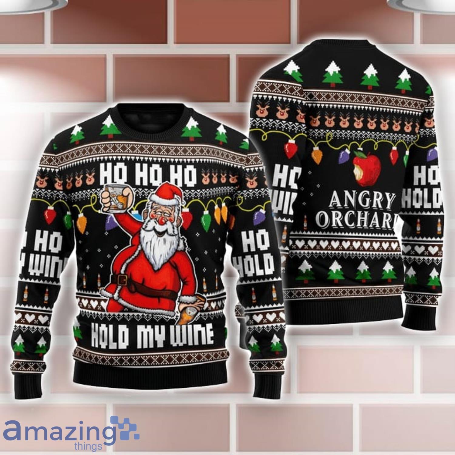 Angry Orchard Black Santa Hold My Wine Ho Ho Ho Ugly Christmas Sweater Product Photo 1