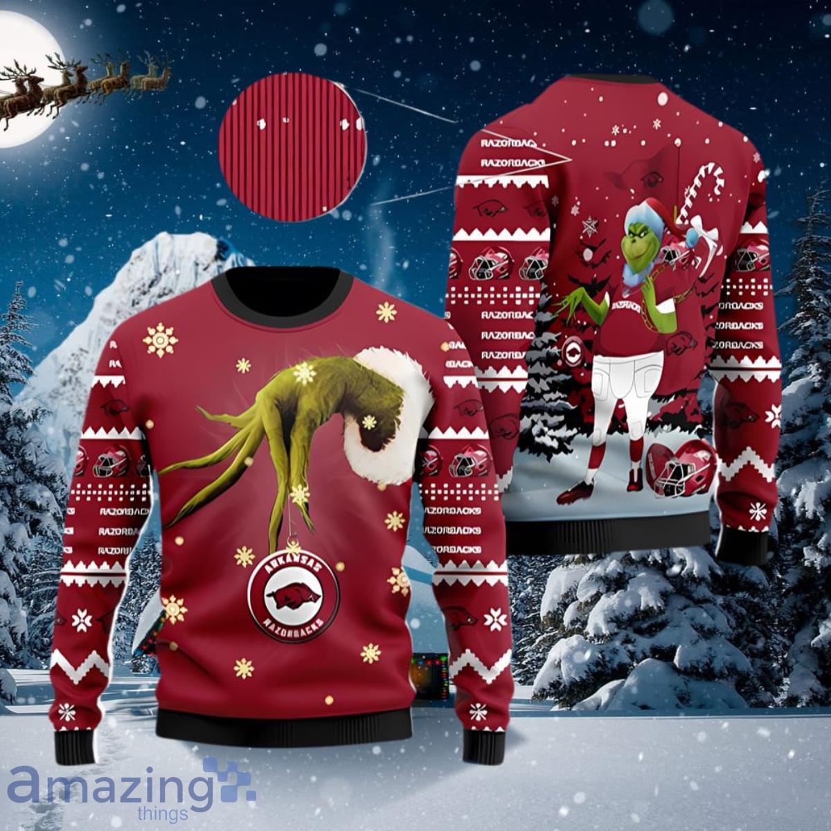 Arkansas Razorbacks Team Grinch Ugly Christmas Sweater Special Gift For Loved Ones image Arkansas Razorbacks Team Grinch Ugly Christmas Sweater Special Gift For Loved Ones Product Photo 1