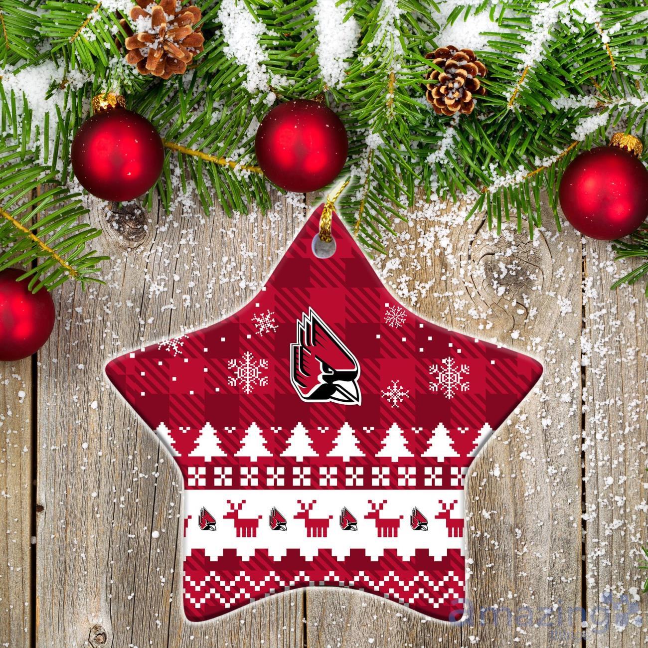 Ball State Cardinals Ceramic Ornament Christmas Pixel Art Tartan Background Gift For Xmas image Ball State Cardinals Ceramic Ornament Christmas Pixel Art Tartan Background Gift For Xmas Product Photo 1