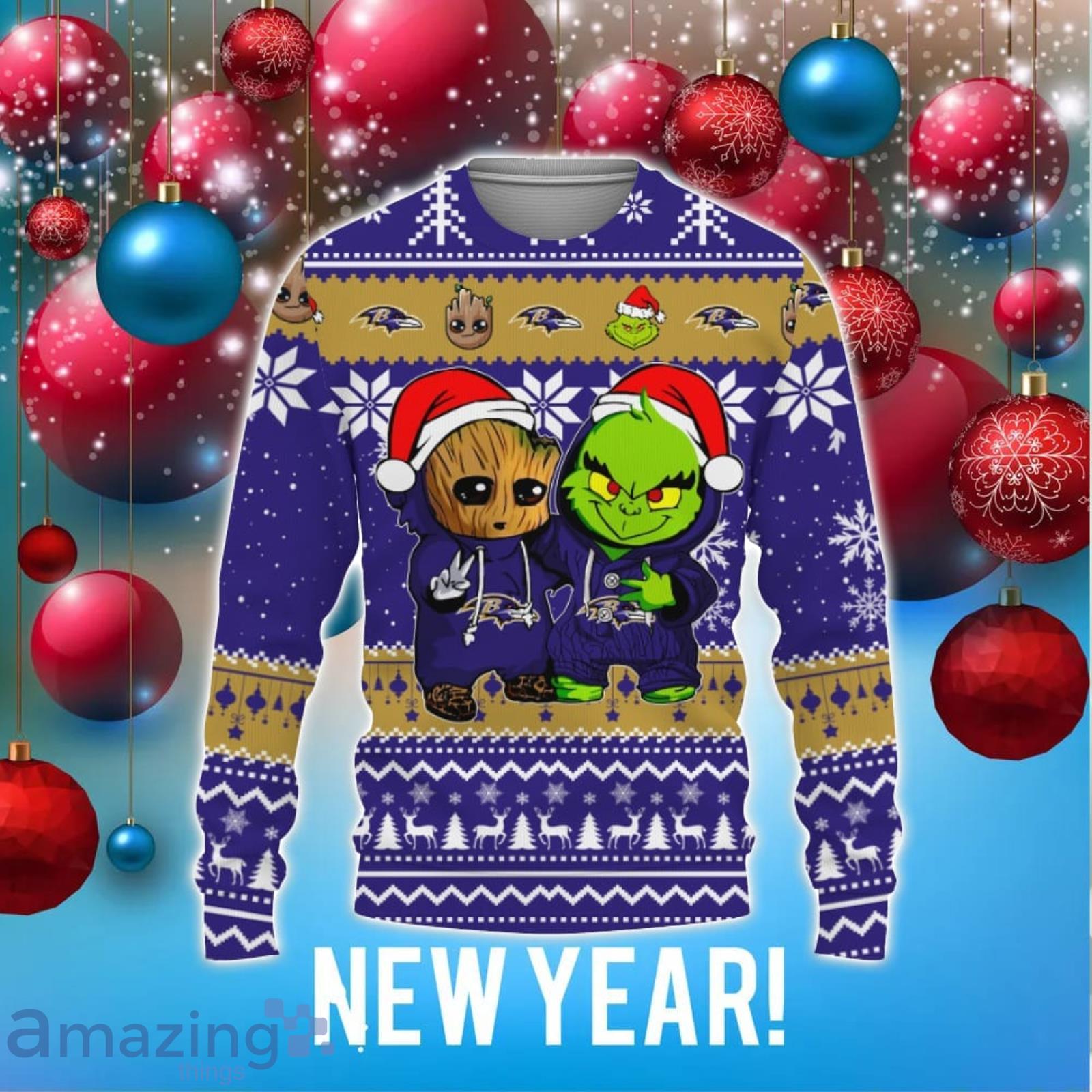 Baltimore Ravens Baby Groot And Grinch Best Friends Football Ugly Christmas  Sweater - Banantees