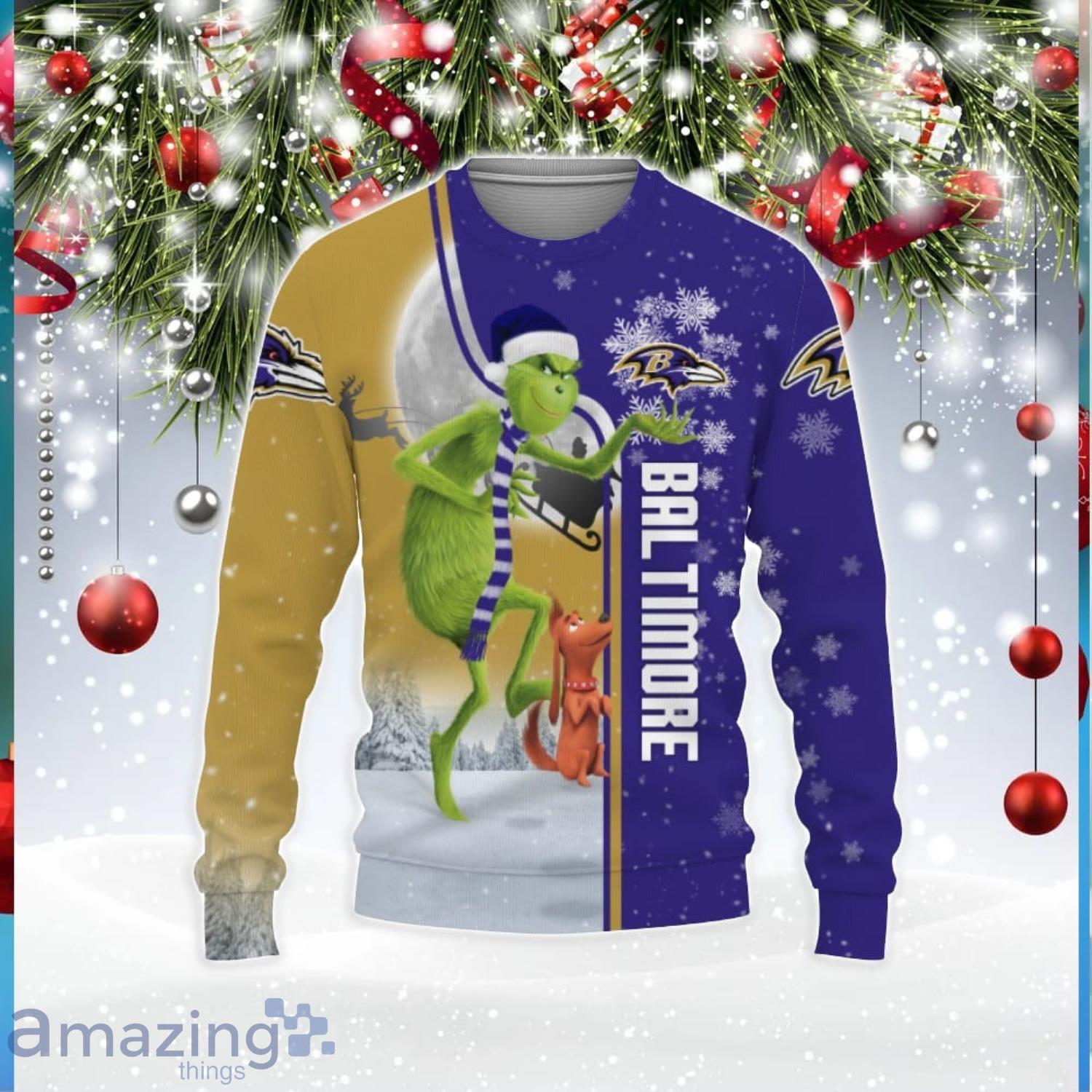 Men And Women Christmas Gift NFL Baltimore Ravens Logo With Funny Grinch 3D Ugly  Christmas Sweater For Fans - Banantees