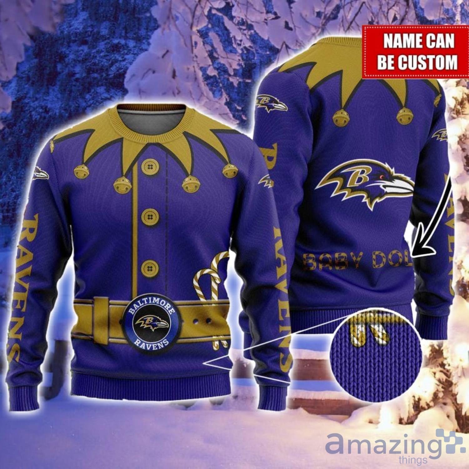 NFL Baltimore Ravens Cozy AOP Ugly Christmas Sweater Custom Number