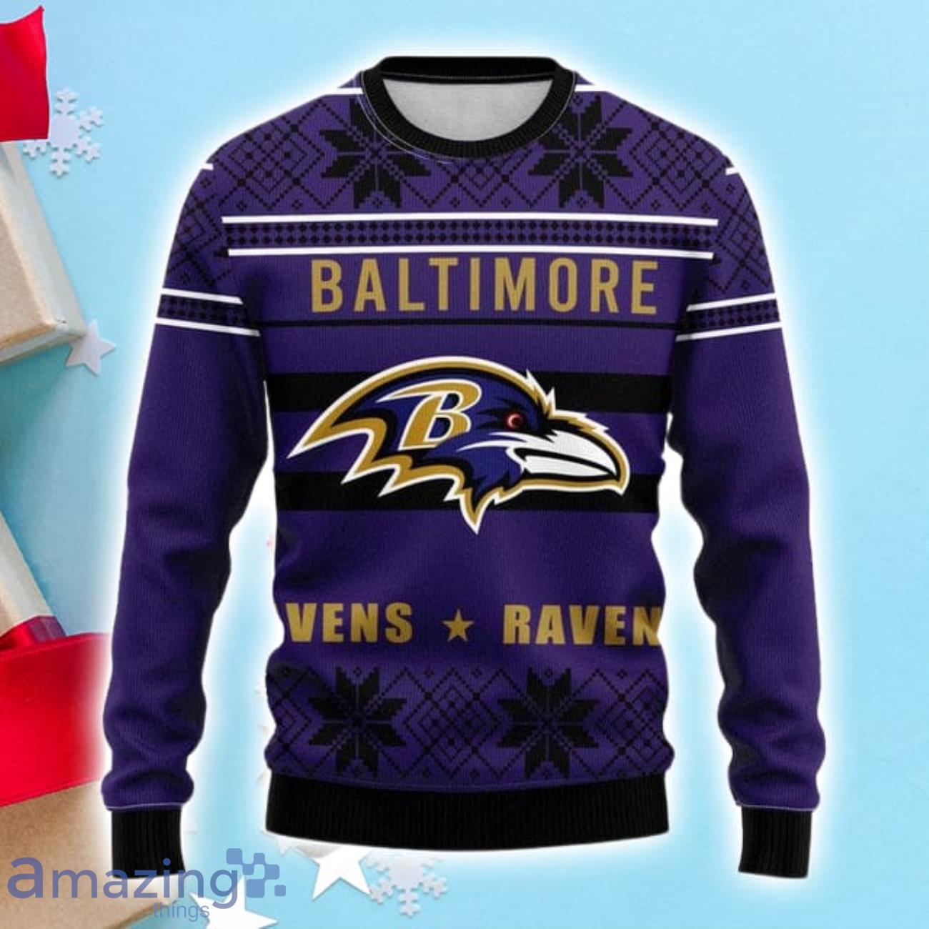 Baltimore Ravens Snowflake Christmas Sweater image Baltimore Ravens Snowflake Christmas Sweater Product Photo 1