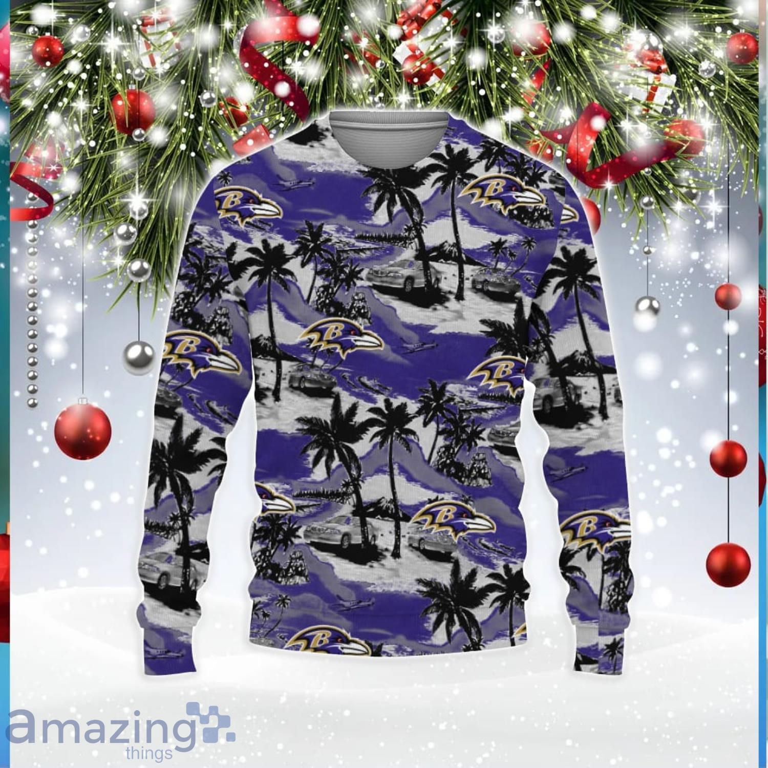 Baltimore Ravens Tropical Patterns For Fans Club Ugly Christmas Sweater image Baltimore Ravens Tropical Patterns For Fans Club Ugly Christmas Sweater Product Photo 1