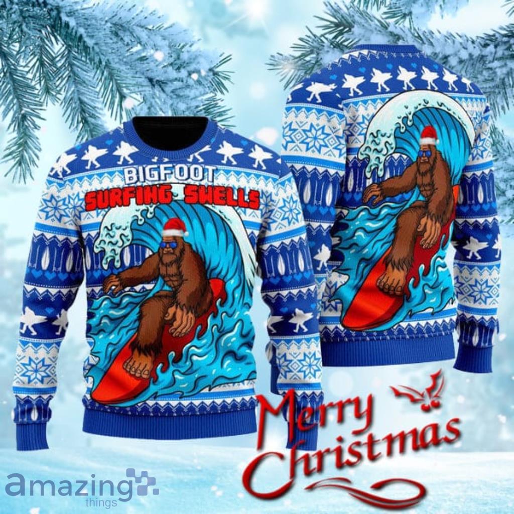 Bigfoot Surfing Swells Ugly Christmas Sweater Gift Knitting Sweater Product Photo 1
