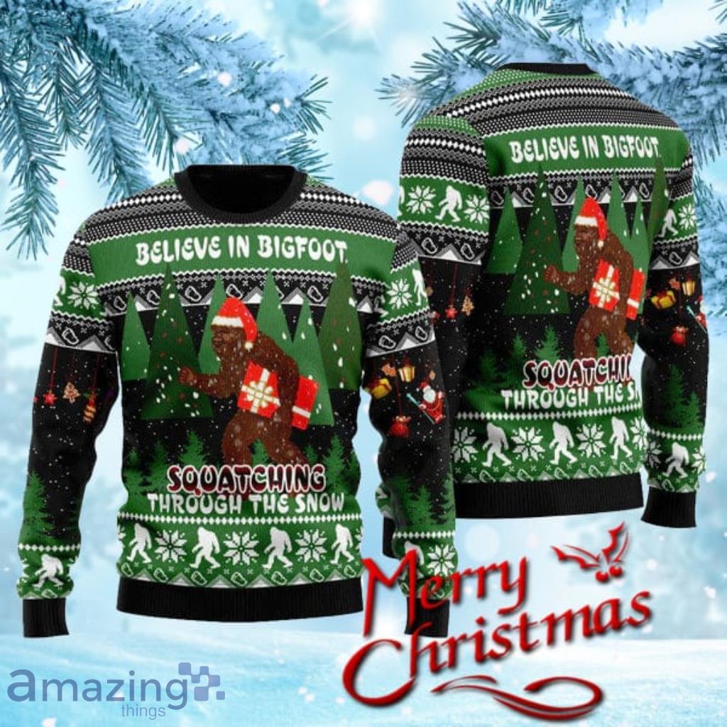 Bigfoot Through Snow Ugly Christmas Sweater Gift Knitting Sweater Product Photo 1