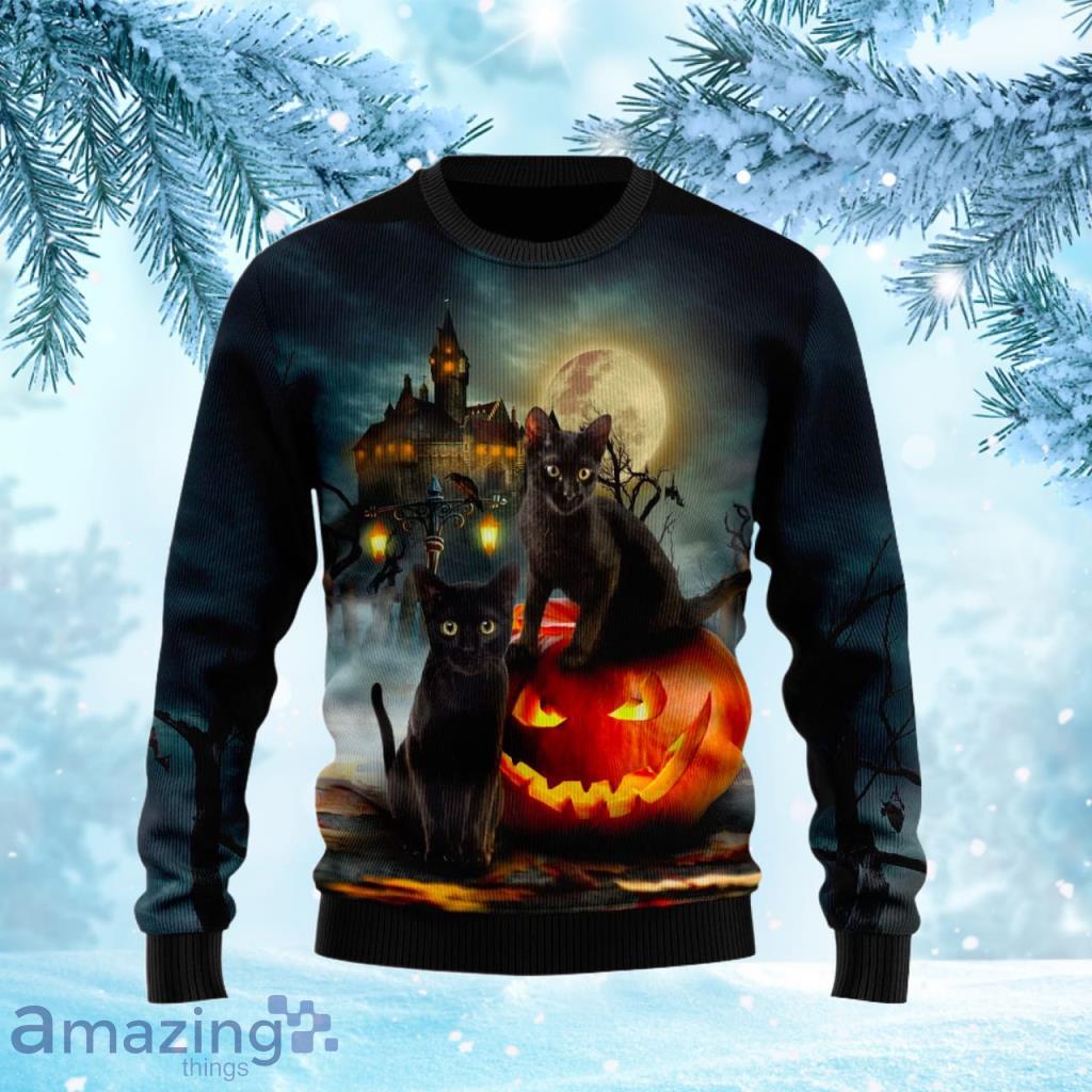 Black Cat Pumpkin Night Ugly Halloween Sweater For Halloween Gift