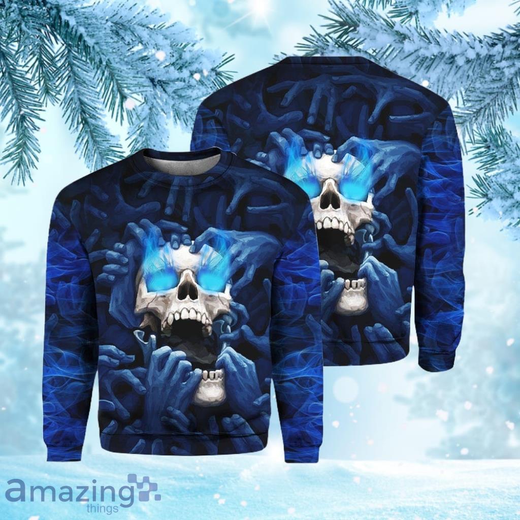 Blue Screaming Skull Christmas Ugly Sweater 3D Gift Halloween image Blue Screaming Skull Christmas Ugly Sweater 3D Gift Halloween Product Photo 1