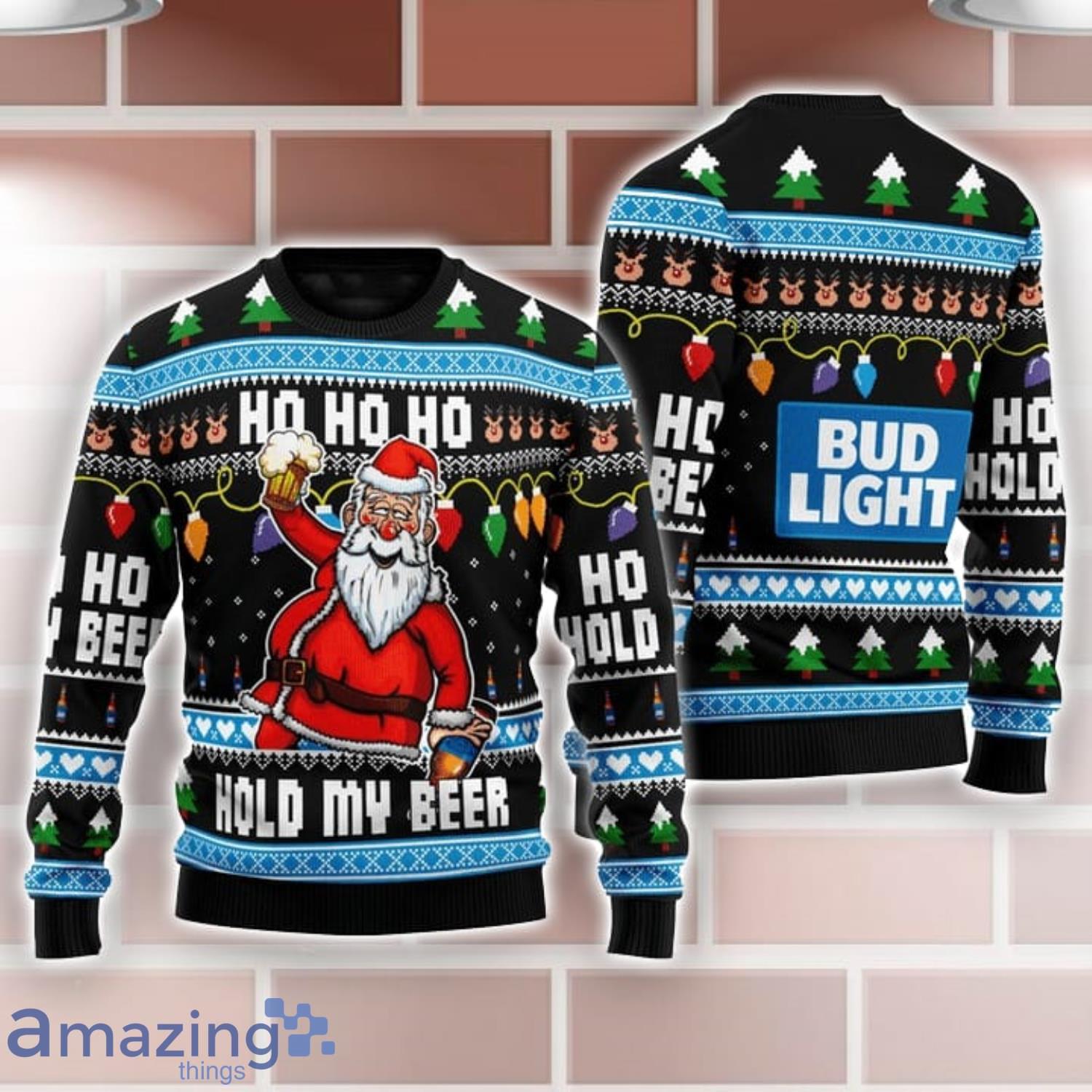 Bud Light Black Santa Hold My Beer Ho Ho Ho Ugly Christmas Sweater Product Photo 1