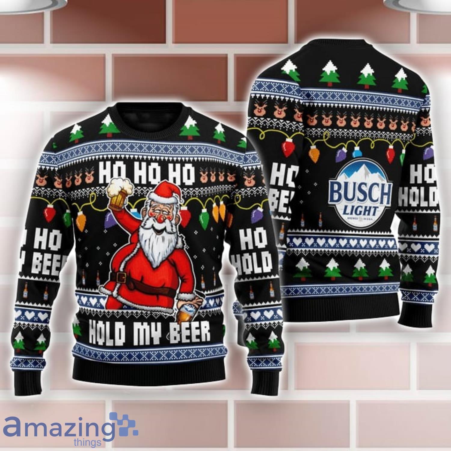 Busch Light Black Santa Hold My Beer Ho Ho Ho Ugly Christmas Sweater Product Photo 1