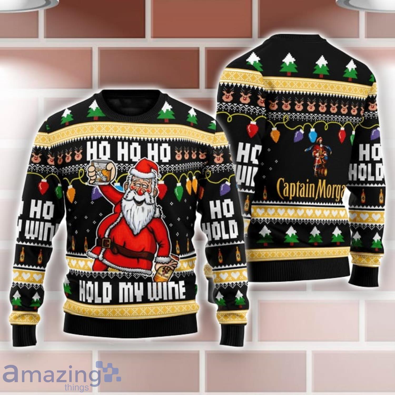 Captain Morgan Black Santa Hold My Wine Ho Ho Ho Ugly Christmas Sweater image Captain Morgan Black Santa Hold My Wine Ho Ho Ho Ugly Christmas Sweater Product Photo 1