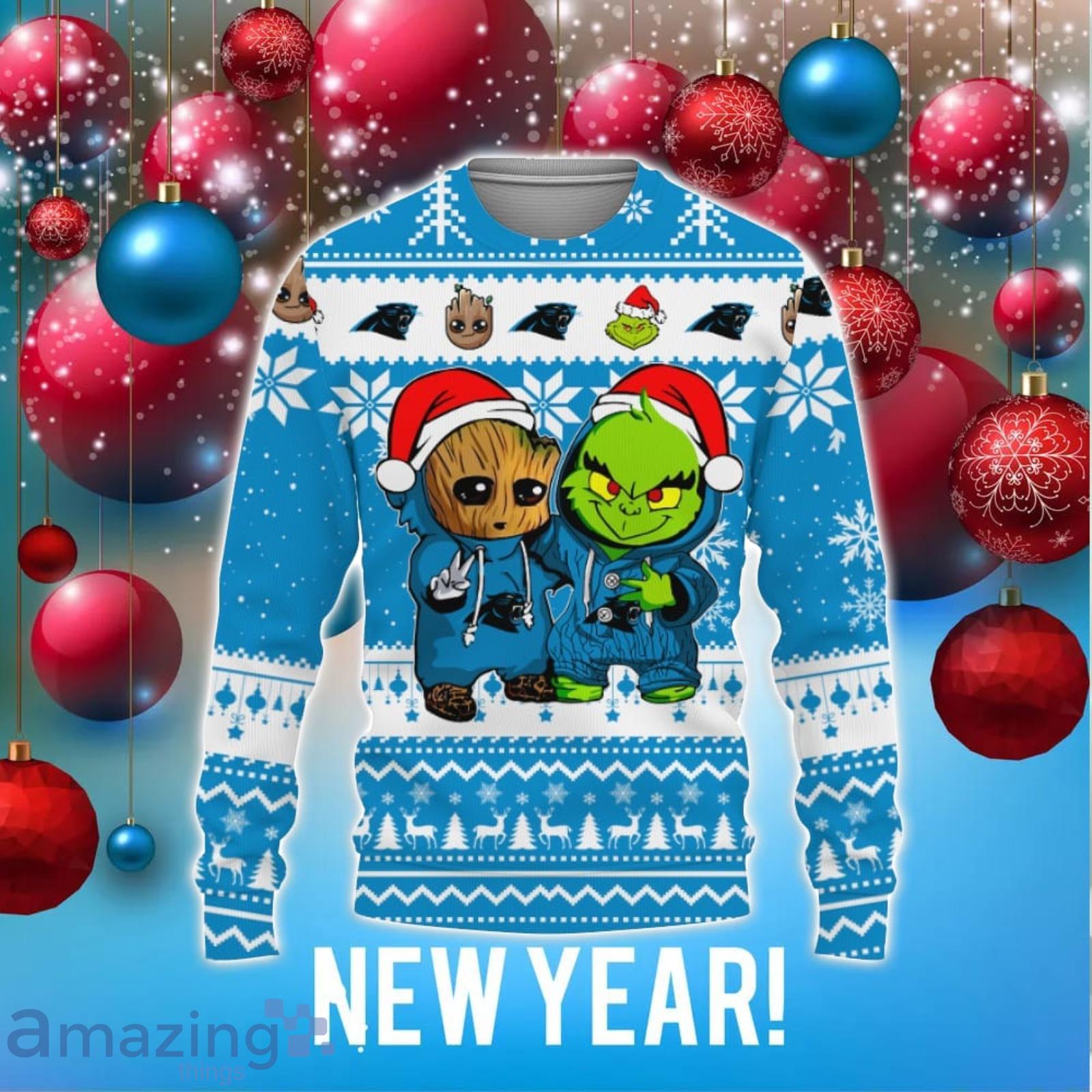 Carolina Panthers Baby Groot And Grinch Best Friends Ugly Christmas Sweater