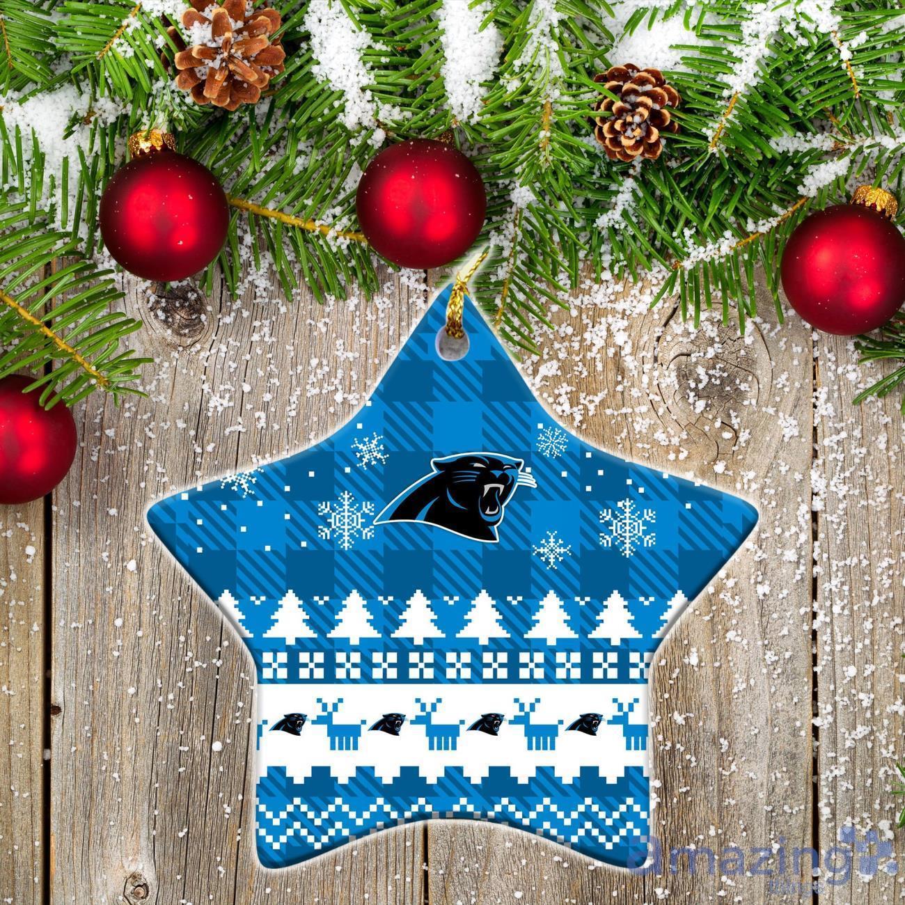 Carolina Panthers Circle And Star Ceramic Ornament All We Want For Christmas Is More Time For Football image Carolina Panthers Circle And Star Ceramic Ornament All We Want For Christmas Is More Time For Football Product Photo 1