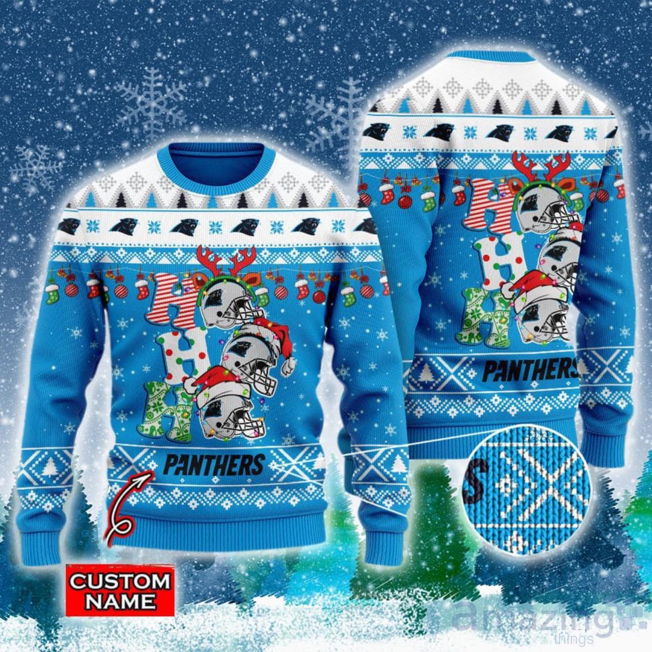 Carolina Panthers NFL Christmas Hohoho Ugly Christmas Sweater Custom Name image Carolina Panthers NFL Christmas Hohoho Ugly Christmas Sweater Custom Name Product Photo 1