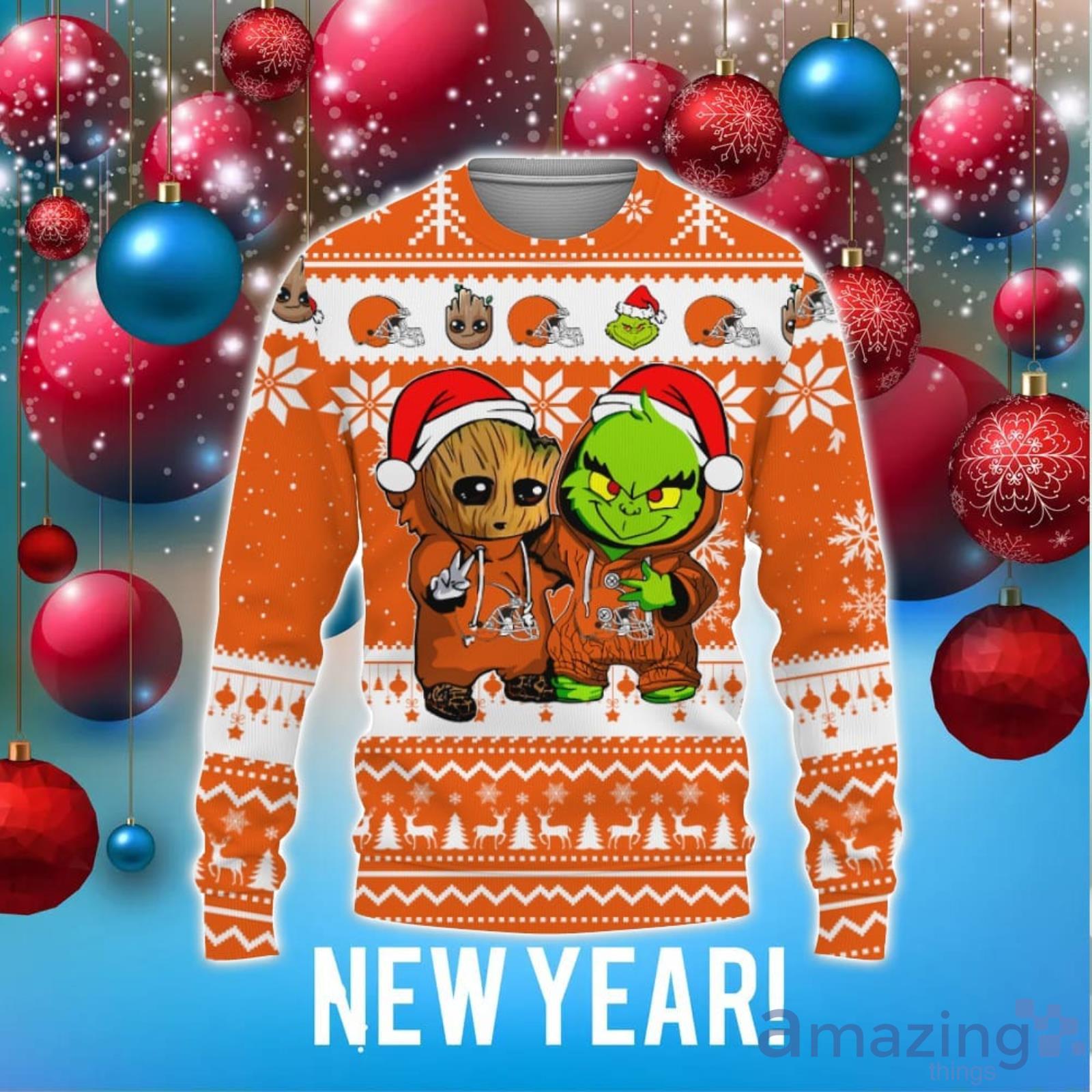 Cleveland Browns Baby Groot And Grinch Best Friends 3D Ugly