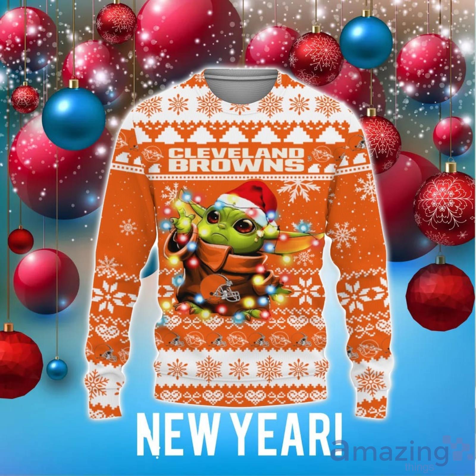 Cleveland Browns Baby Yoda Star Wars Christmas Gift 3D Ugly Christmas Sweater Christmas Holiday Family Gift image Cleveland Browns Baby Yoda Star Wars Christmas Gift 3D Ugly Christmas Sweater Christmas Holiday Family Gift Product Photo 1