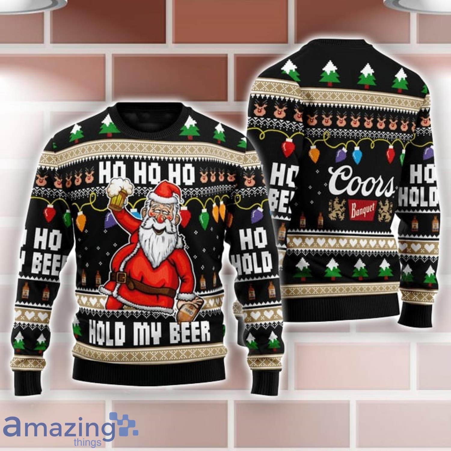 Coors Banquet Black Santa Hold My Beer Ho Ho Ho Ugly Christmas Sweater Product Photo 1