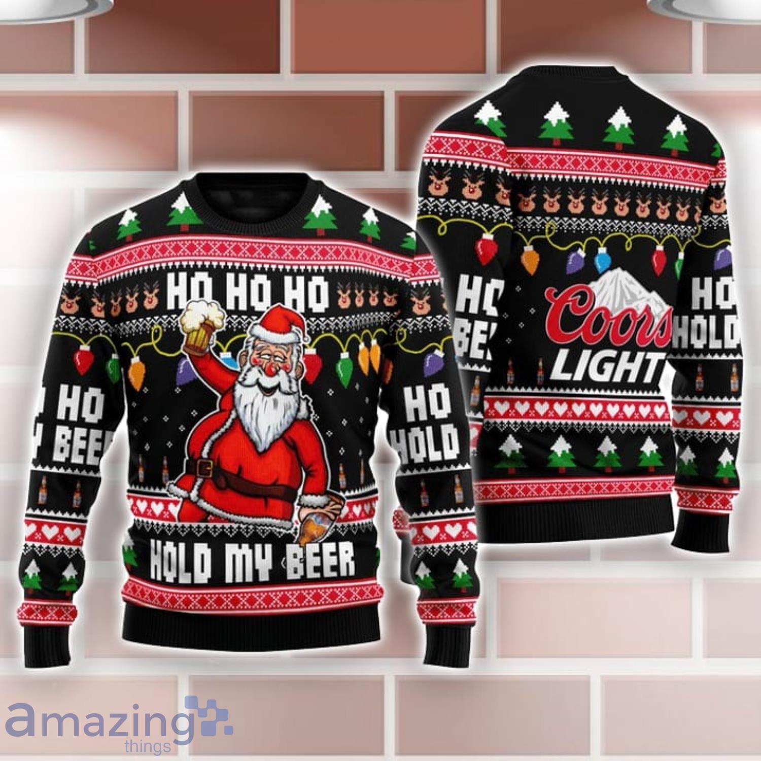 Coors Light Black Santa Hold My Beer Ho Ho Ho Ugly Christmas Sweater image Coors Light Black Santa Hold My Beer Ho Ho Ho Ugly Christmas Sweater Product Photo 1