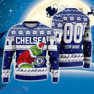 Custom Name And Number EPL Chelsea Grinch Ugly Christmas Sweater All Over Print Trending Sweater For Fan Product Photo 1