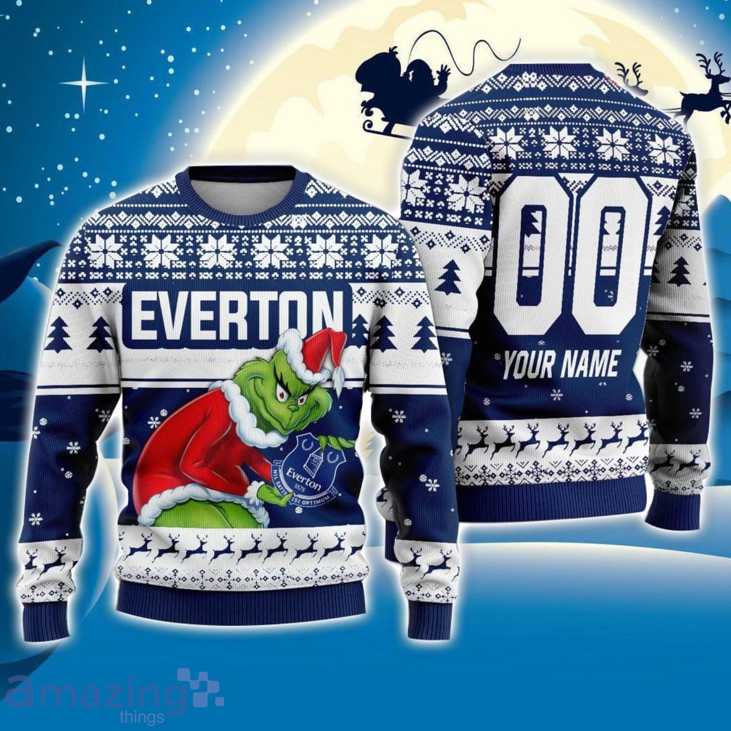 Custom Name And Number EPL Everton Grinch Ugly Christmas Sweater All Over Print Trending Sweater For Fan image Custom Name And Number EPL Everton Grinch Ugly Christmas Sweater All Over Print Trending Sweater For Fan Product Photo 1