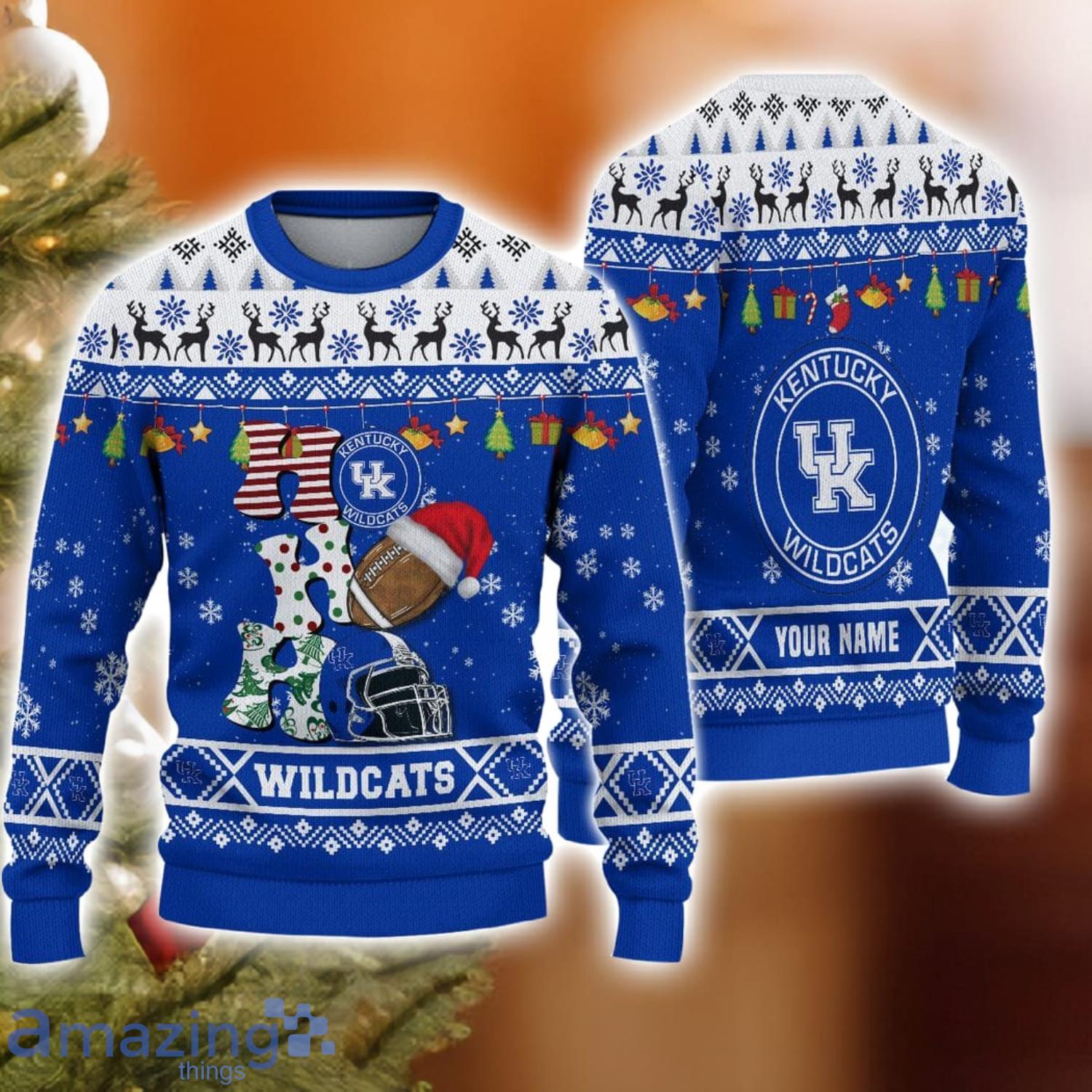 Custom Name For NCAA Fans Kentucky Wildcats HO HO HO Ugly Christmas Sweater Funny Christmas Gift image Custom Name For NCAA Fans Kentucky Wildcats HO HO HO Ugly Christmas Sweater Funny Christmas Gift Product Photo 1
