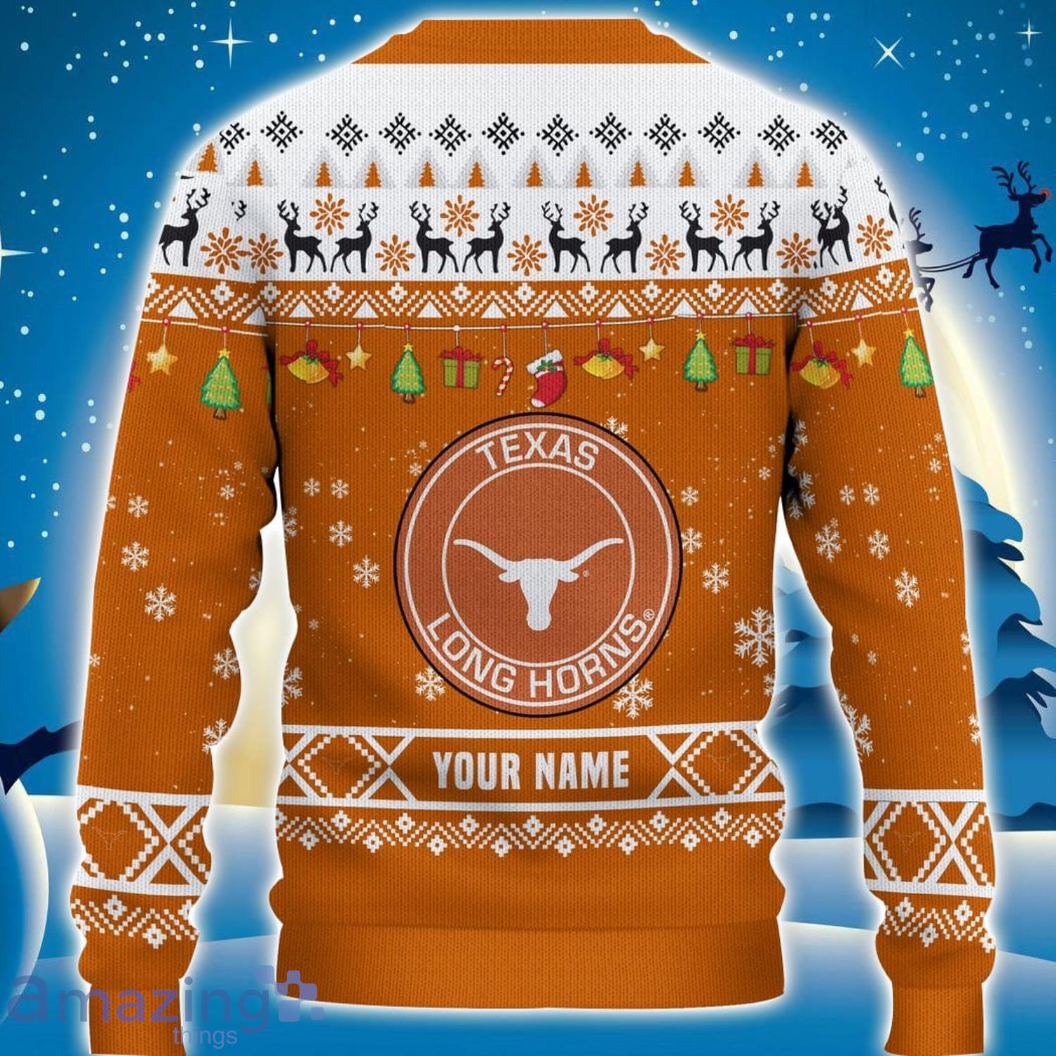 Custom Name For NCAA Fans Texas Longhorns HO HO HO Ugly Christmas Sweater Funny Christmas Gift image Custom Name For NCAA Fans Texas Longhorns HO HO HO Ugly Christmas Sweater Funny Christmas Gift Product Photo 3