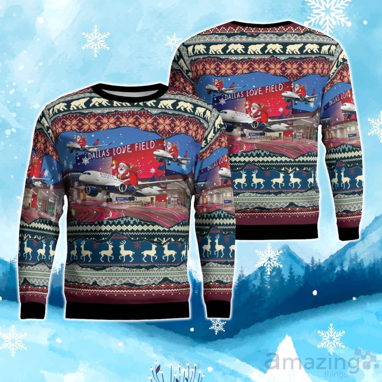 Delta Air Lines Airbus A220 300 Flying Over Dallas Love Field Ugly Christmas Sweater image Delta Air Lines Airbus A220-300 Flying Over Dallas Love Field Ugly Christmas Sweater Product Photo 1