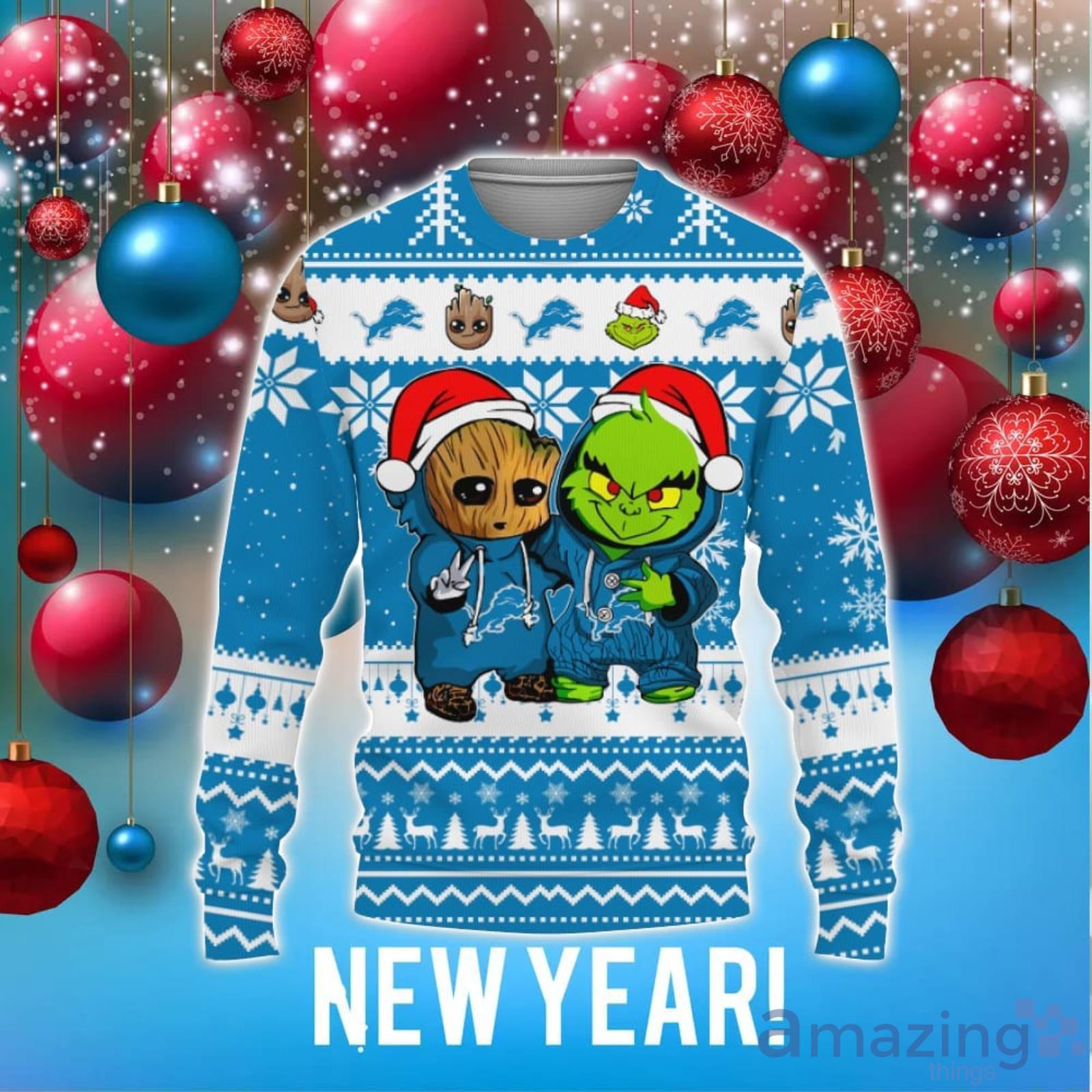 Detroit Lions Baby Groot And Grinch Best Friends 3D Chirstmas