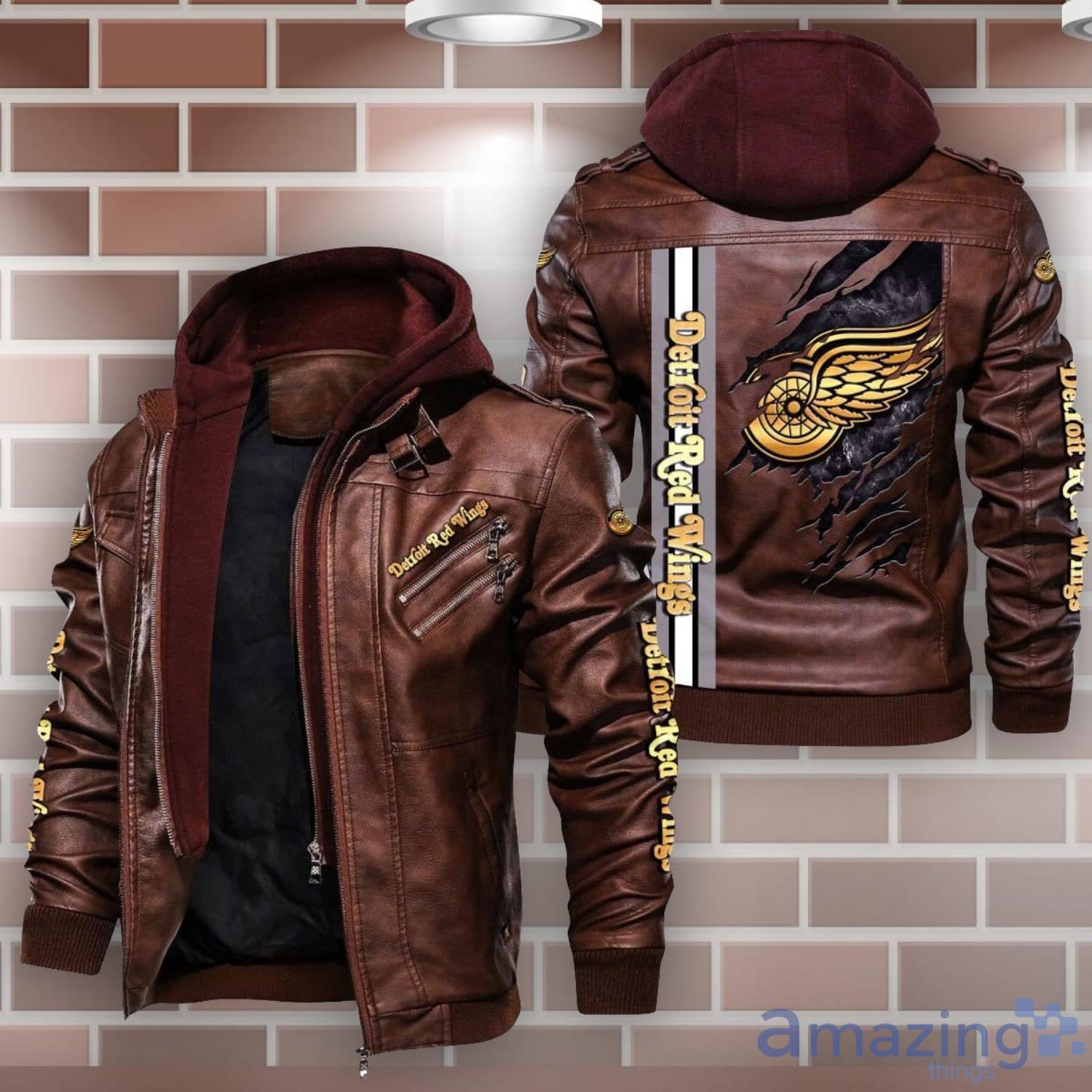 Detroit Red Wings Striped Style Leather Jacket For Fans image Detroit Red Wings Striped Style Leather Jacket For Fans Product Photo 2