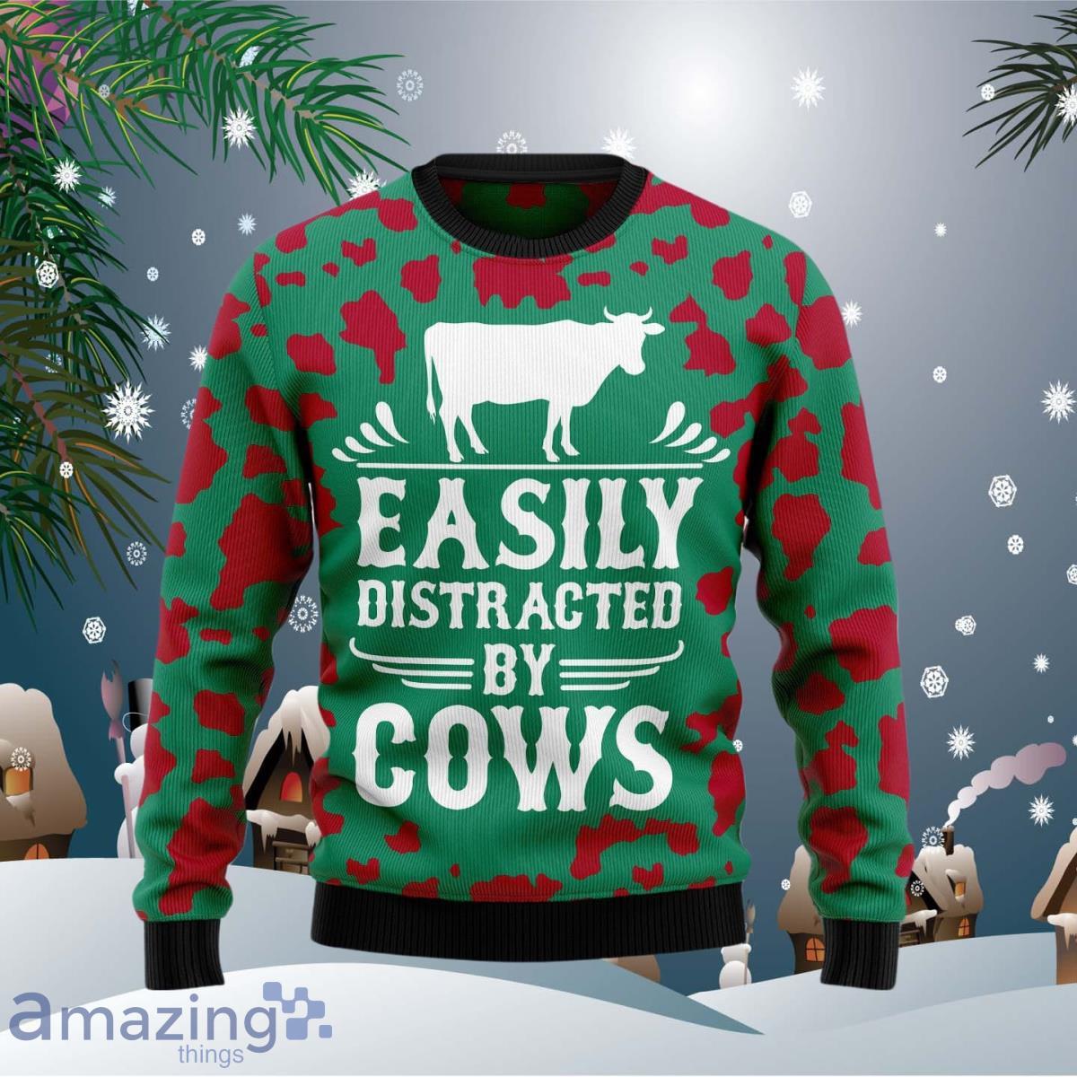 Easily Distracted By Cows Ugly Christmas Sweater Impressive Gift For Men And Women image Easily Distracted By Cows Ugly Christmas Sweater Impressive Gift For Men And Women Product Photo 1