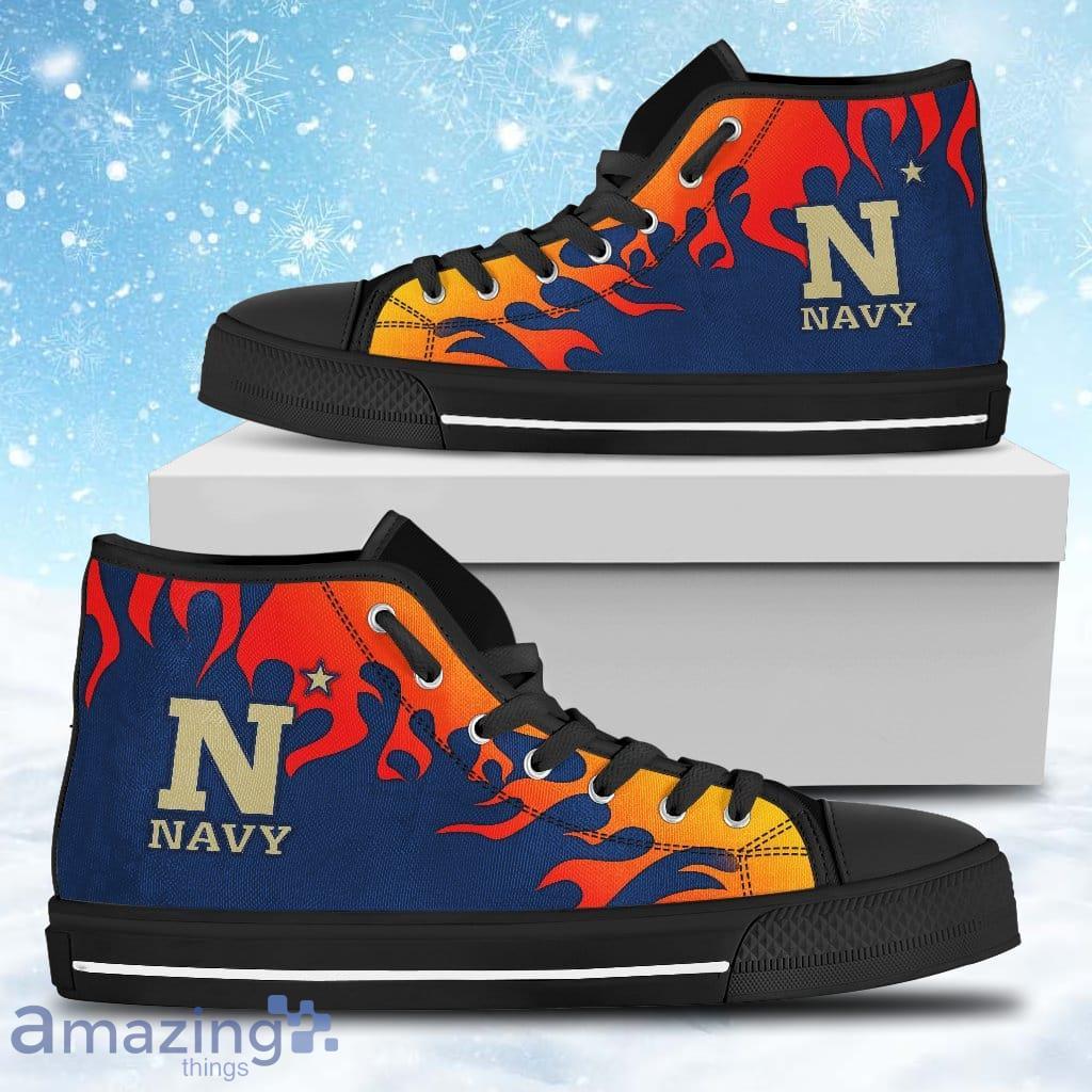 Fire Burning Fierce Strong Logo Navy Midshipmen High Top Shoes Gift For Big Fans image Fire Burning Fierce Strong Logo Navy Midshipmen High Top Shoes Gift For Big Fans Product Photo 1