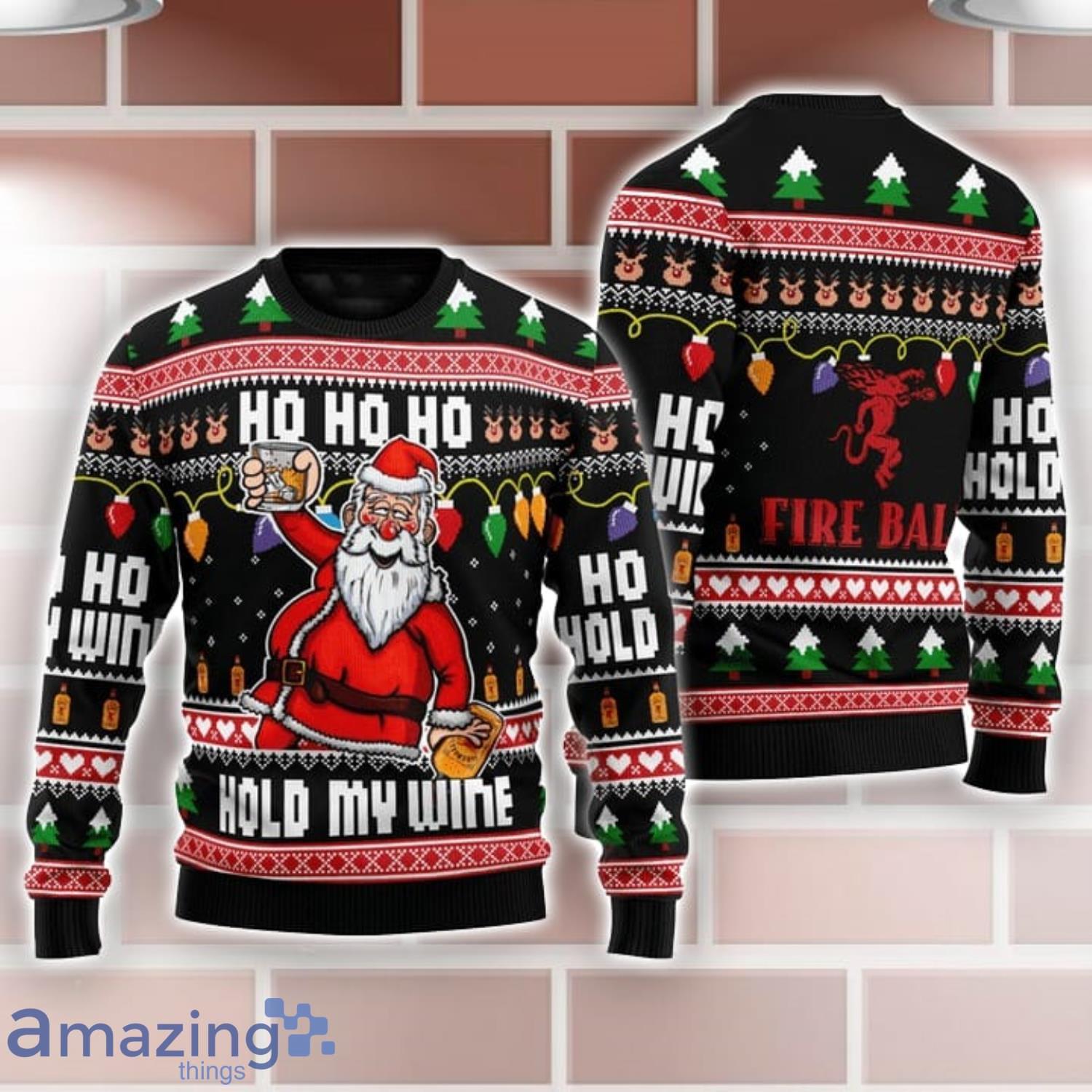 Fireball Black Santa Hold My Wine Ho Ho Ho Ugly Christmas Sweater Product Photo 1