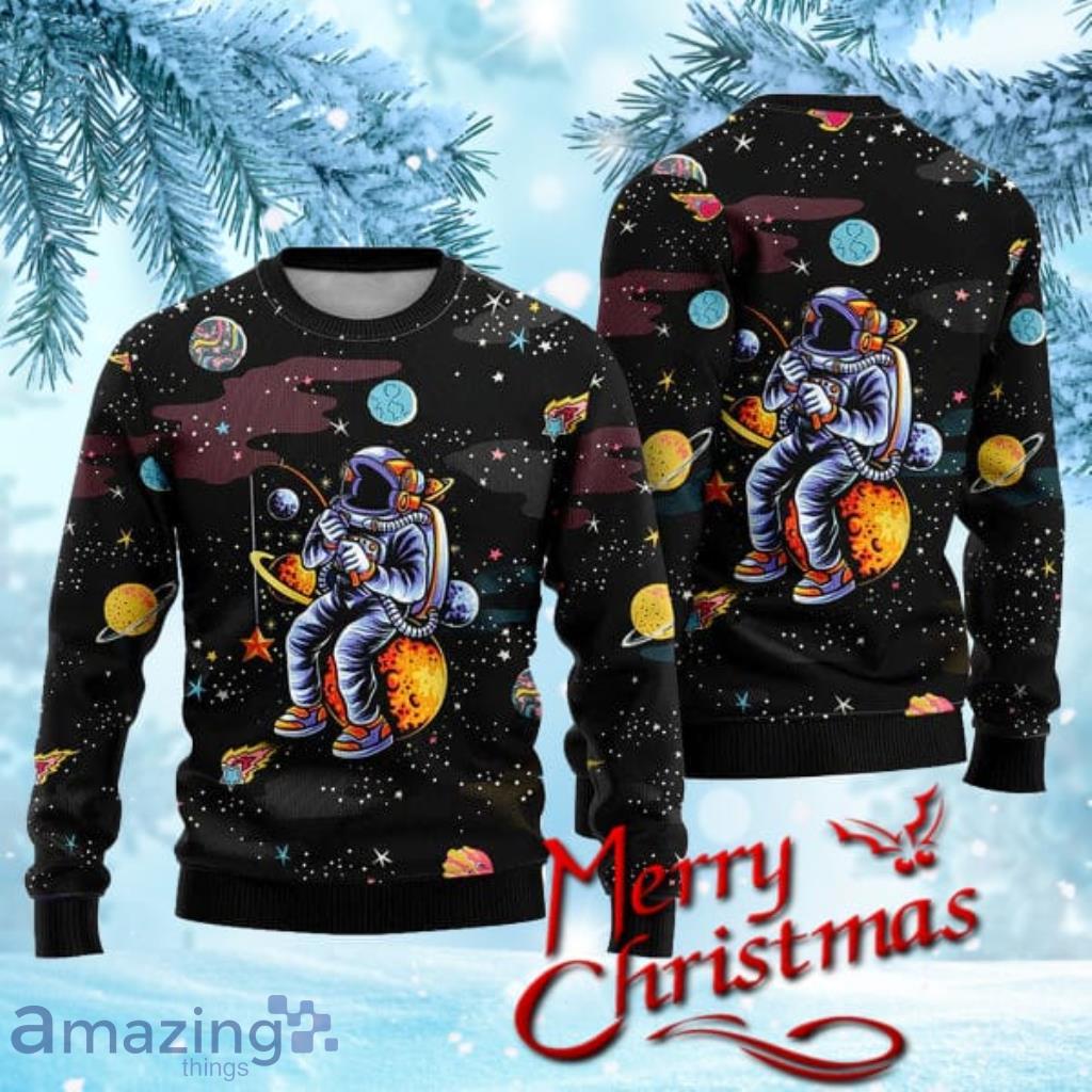 Funny Astronaut Fishing In Space Ugly Christmas Sweater Gift Knitting  Sweater