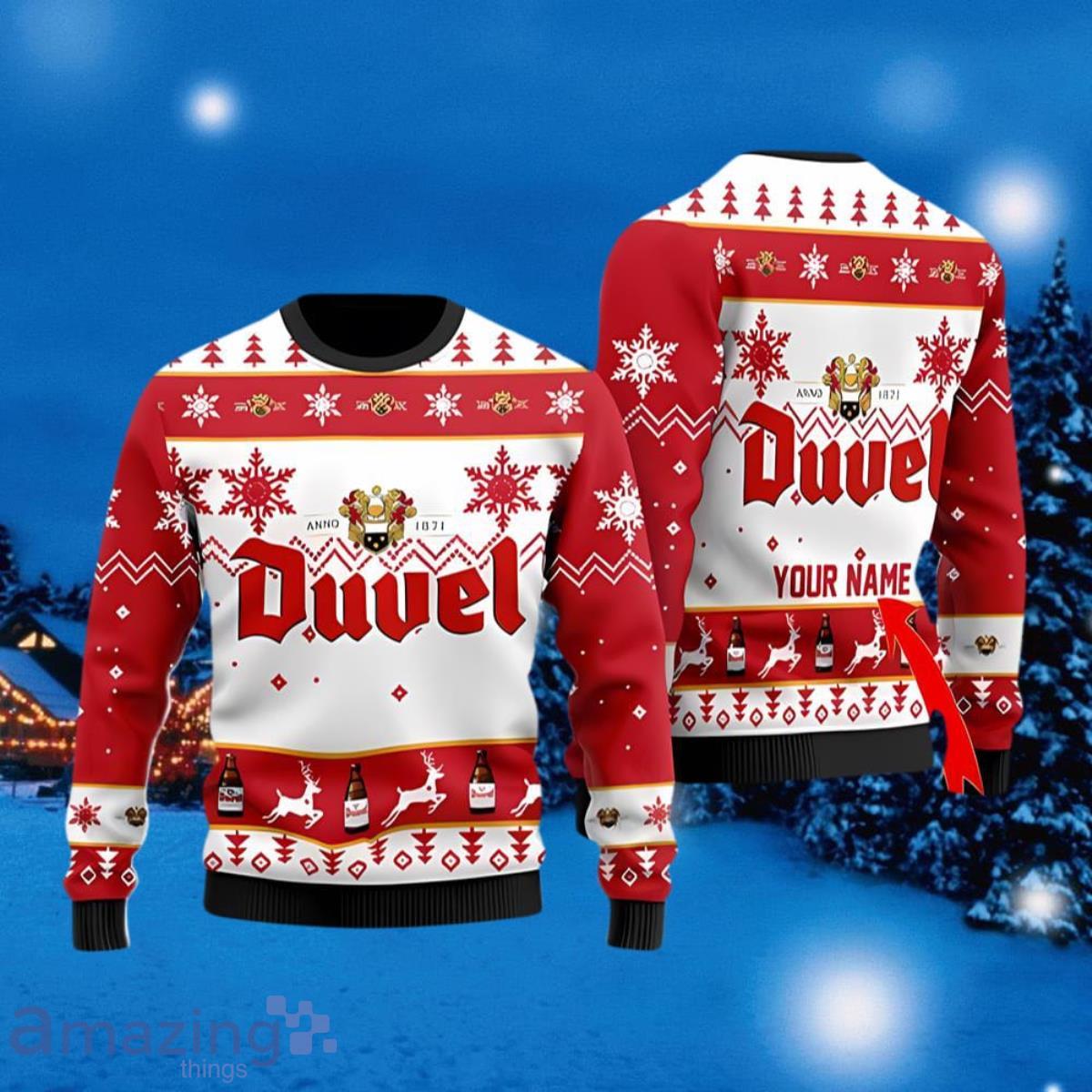 Funny Duvel Beer Ugly Christmas Sweater Best Gift For Loved Ones Custom Name image Funny Duvel Beer Ugly Christmas Sweater Best Gift For Loved Ones Custom Name Product Photo 1
