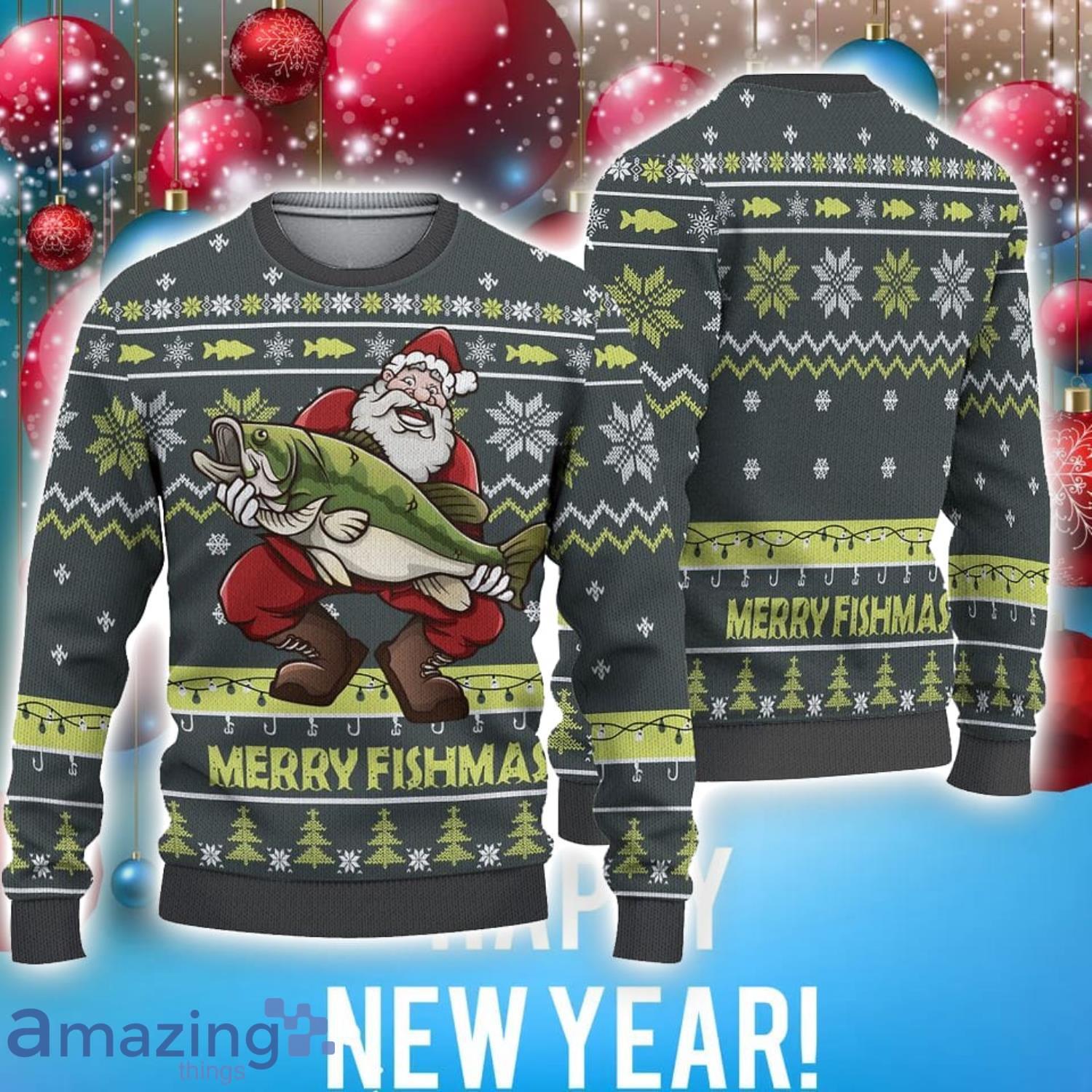Funny Merry Fishmas Santa with Fish Ugly Sweater Unisex Gift image Funny Merry Fishmas Santa with Fish Ugly Sweater Unisex Gift Product Photo 1