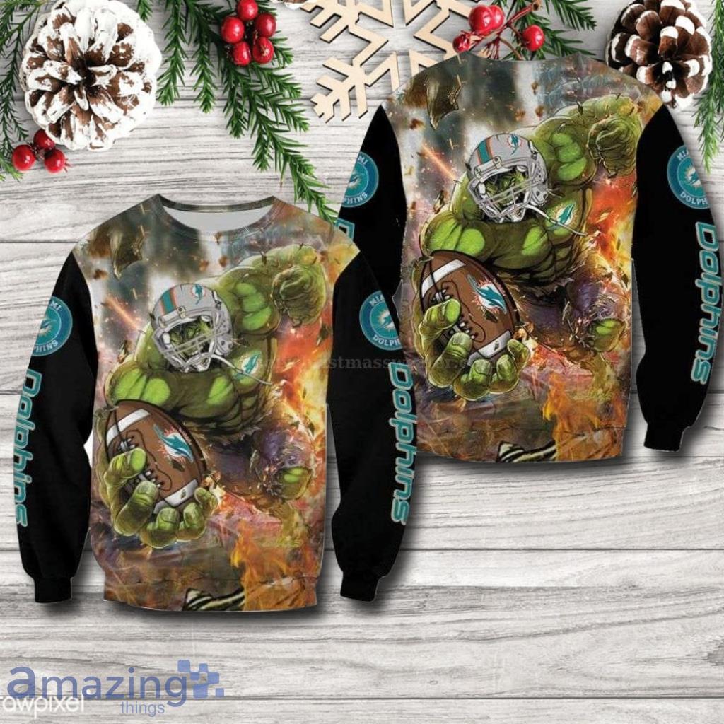 Funny Miami Dolphins Amazing Hulk Pattern Ugly Christmas Sweater NFL image Funny Miami Dolphins Amazing Hulk Pattern Ugly Christmas Sweater NFL Product Photo 1