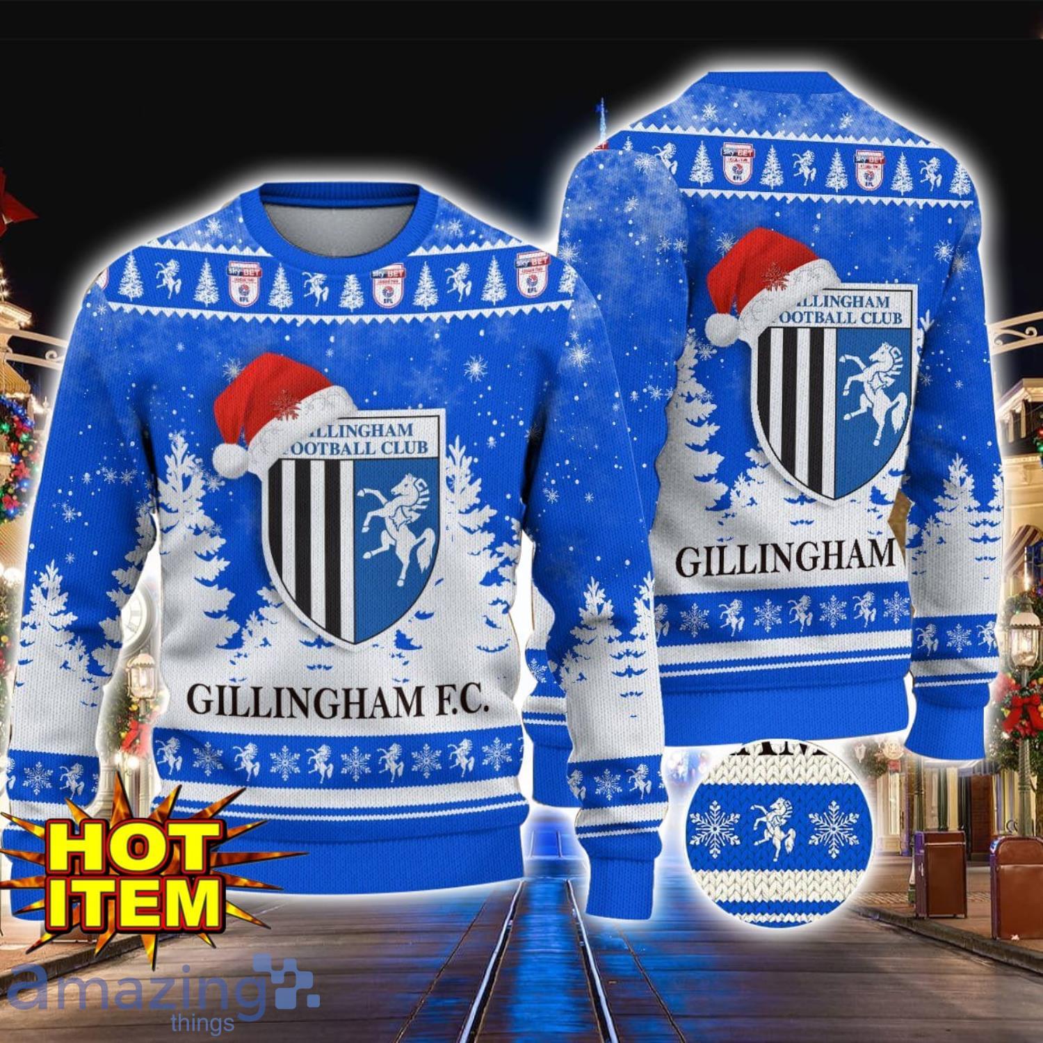 Gillingham EFL English Football League Premium Ugly Christmas Sweater Christmas Hoilday Gift image Gillingham EFL English Football League Premium Ugly Christmas Sweater Christmas Hoilday Gift Product Photo 1