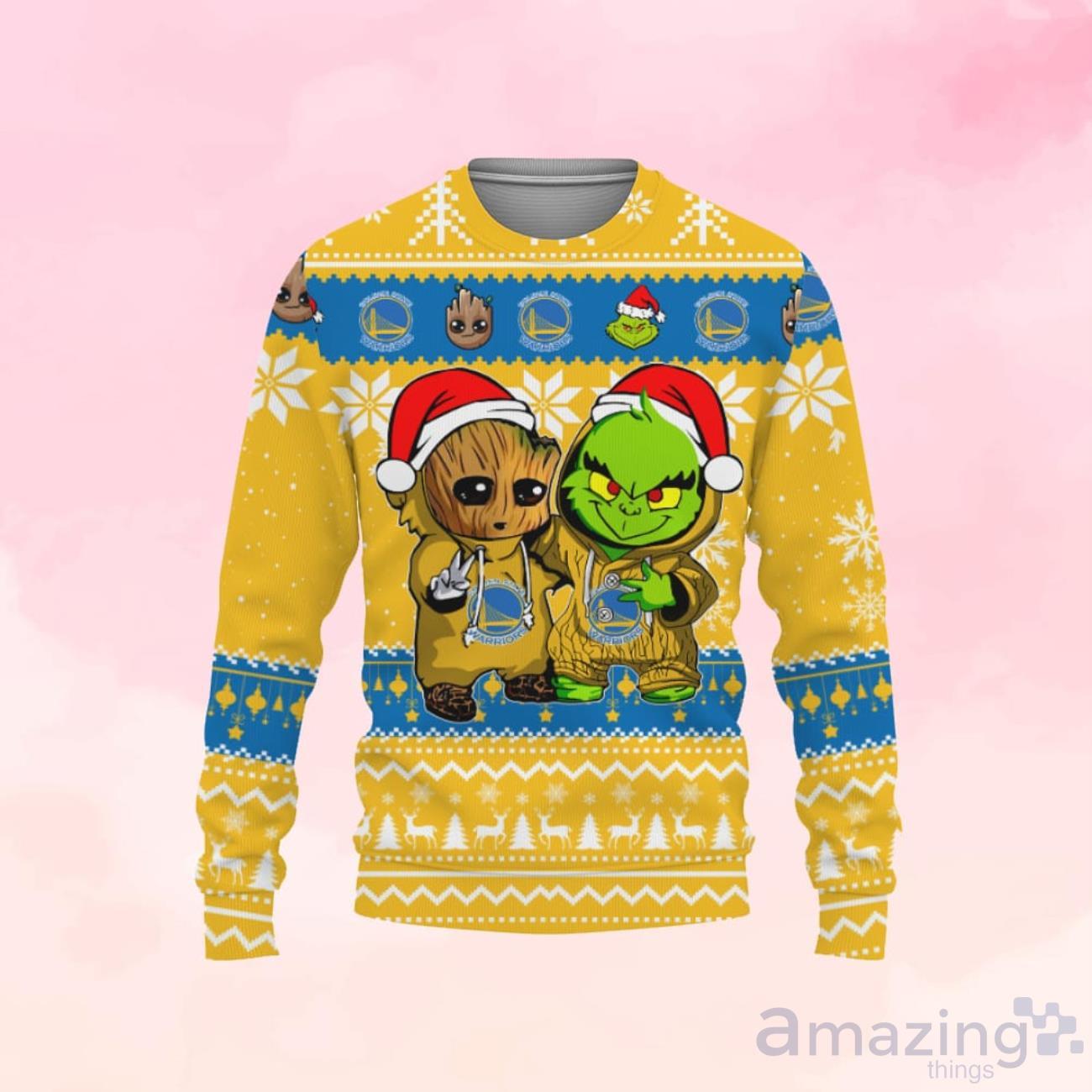 Golden State Warriors Baby Groot Grinch Christmas Sweater image Golden State Warriors Baby Groot Grinch Christmas Sweater Product Photo 1