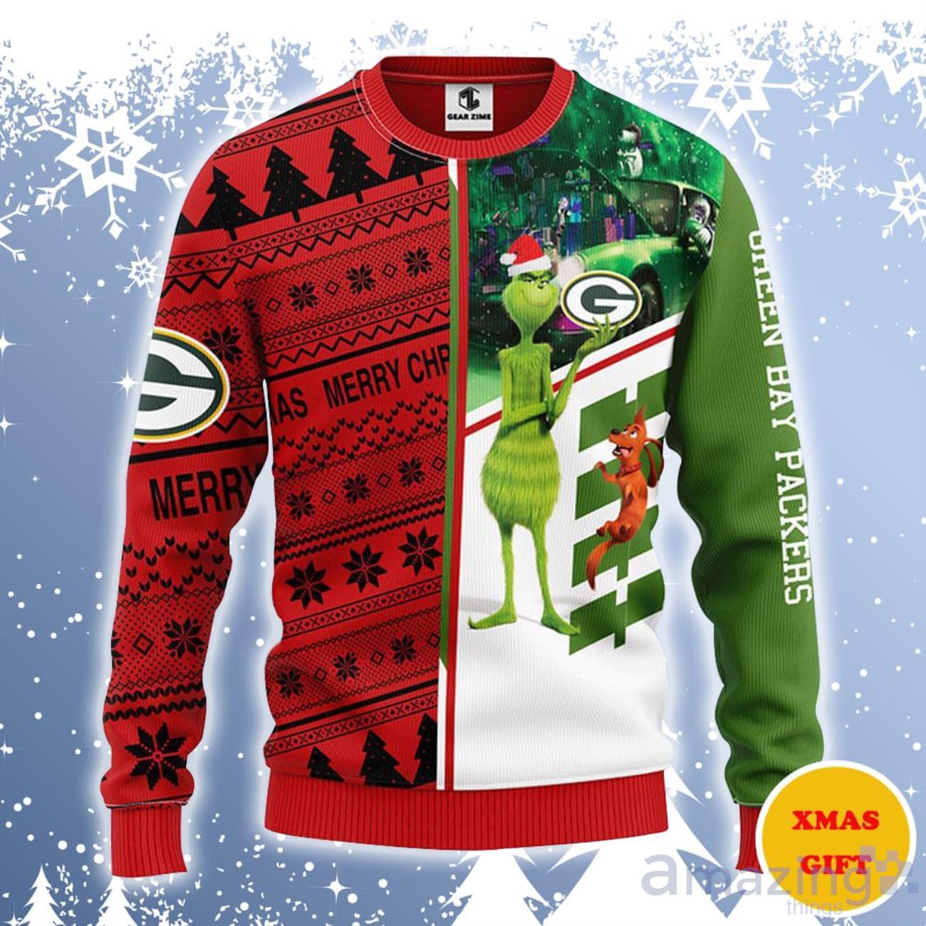 Green Bay Packers Grinch & Scooby-Doo Ugly Sweater Gift For Christmas