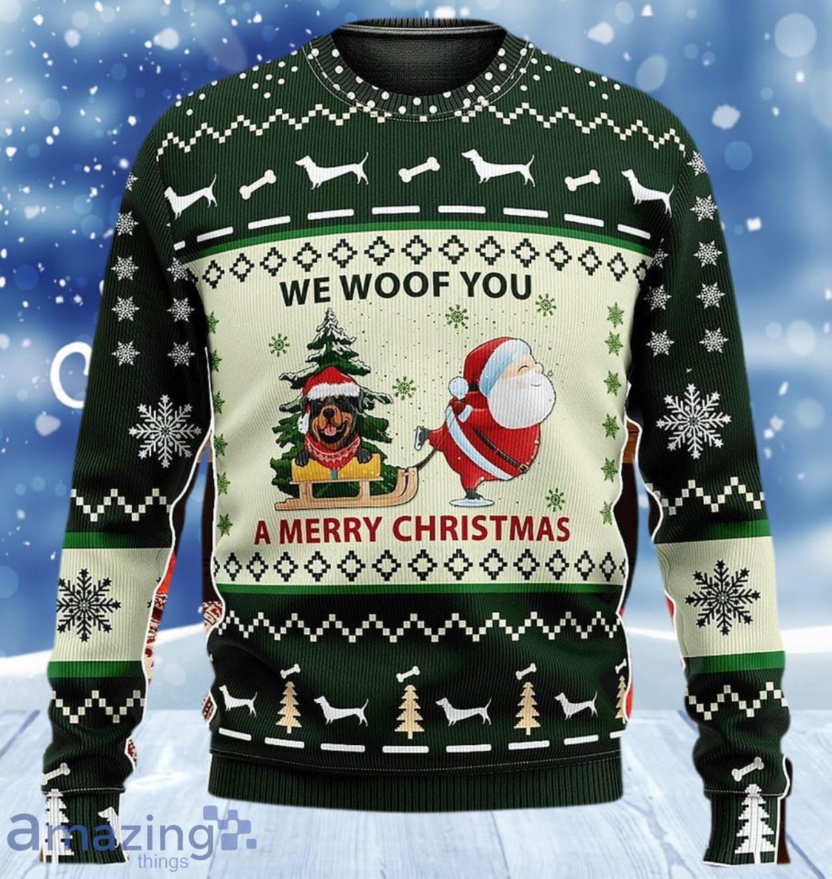 Green Red Rottweiler We Woof You A Merry Ugly Sweater Best Gift For Men Women image Green Red Rottweiler We Woof You A Merry Ugly Sweater Best Gift For Men Women Product Photo 1