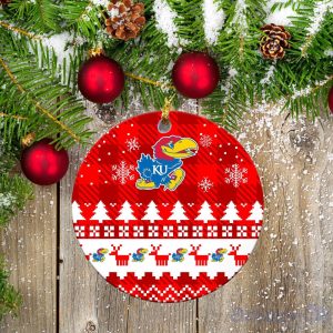 Kansas Jayhawks Ceramic Ornament Christmas Pixel Art Tartan Background Product Photo 2